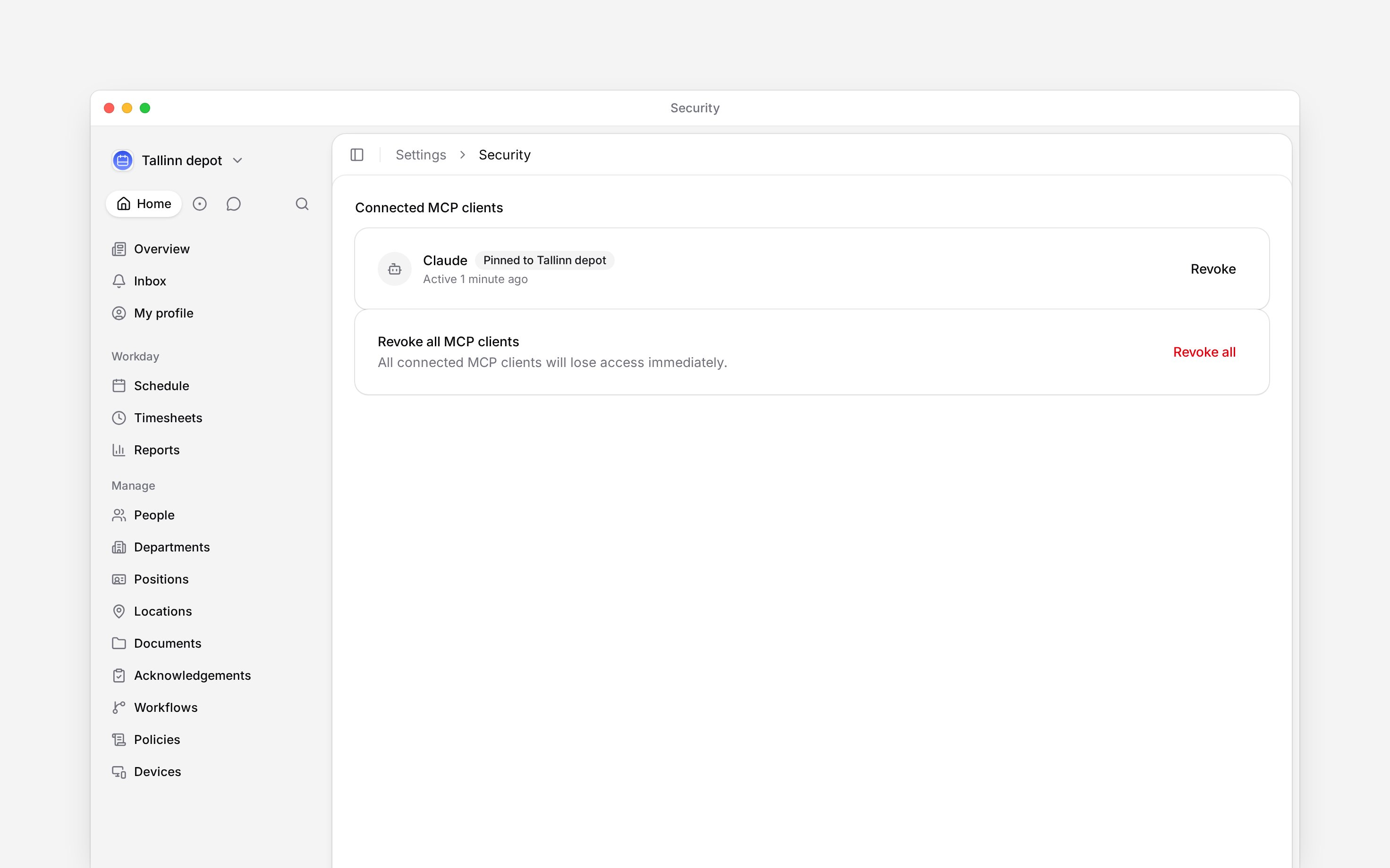 Connect an AI client, check its workspace and control its access to Begin.