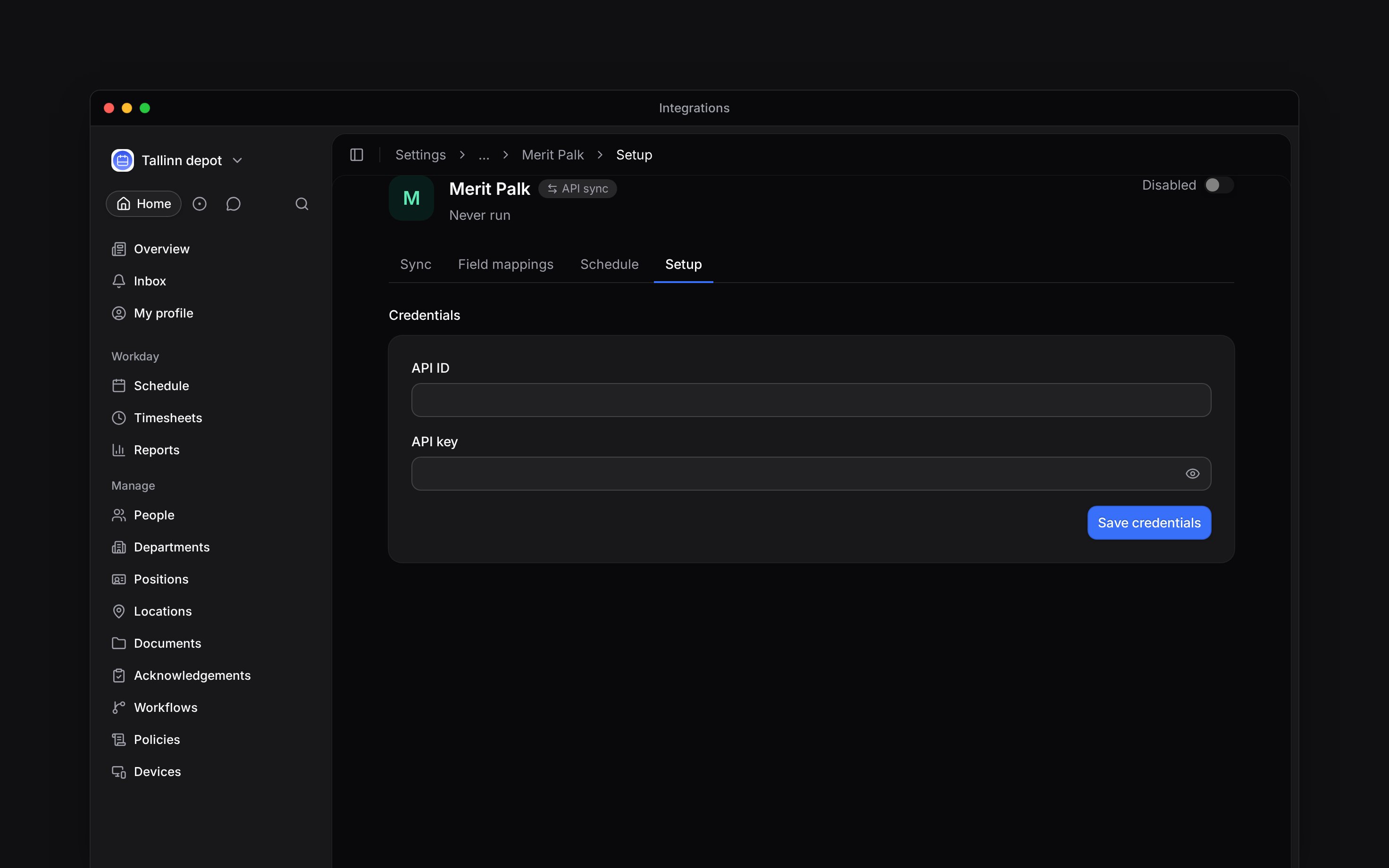 Connect Merit Palk and choose which payroll and employee data to exchange.