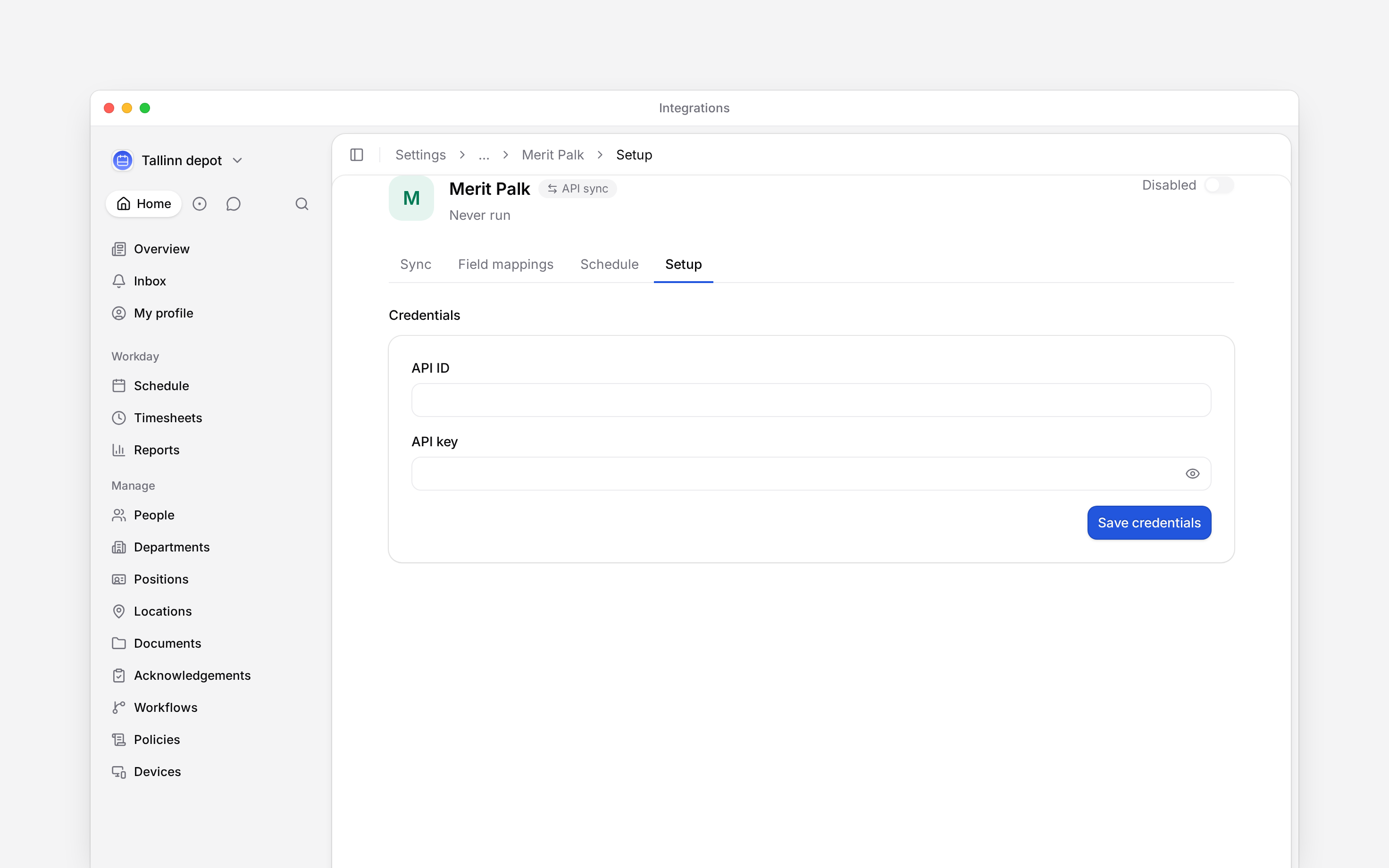 Connect Merit Palk and choose which payroll and employee data to exchange.
