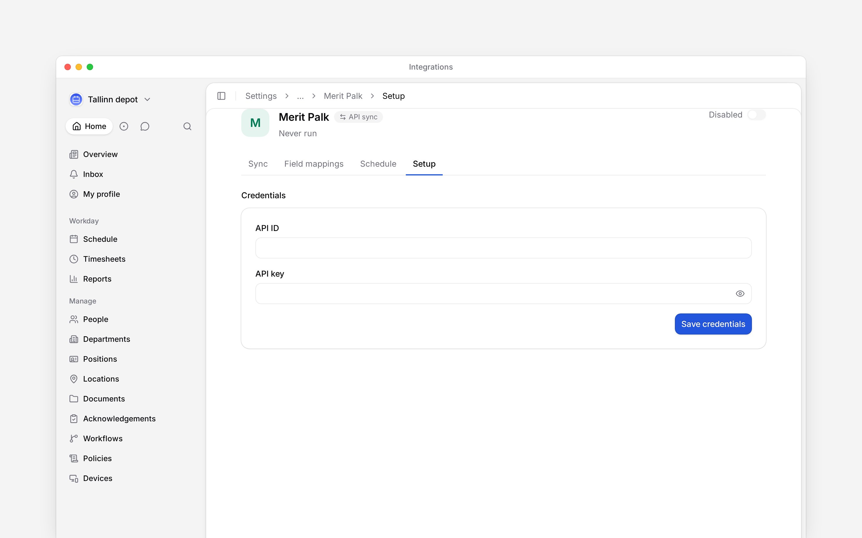 Connect Merit Palk and choose which payroll and employee data to exchange.