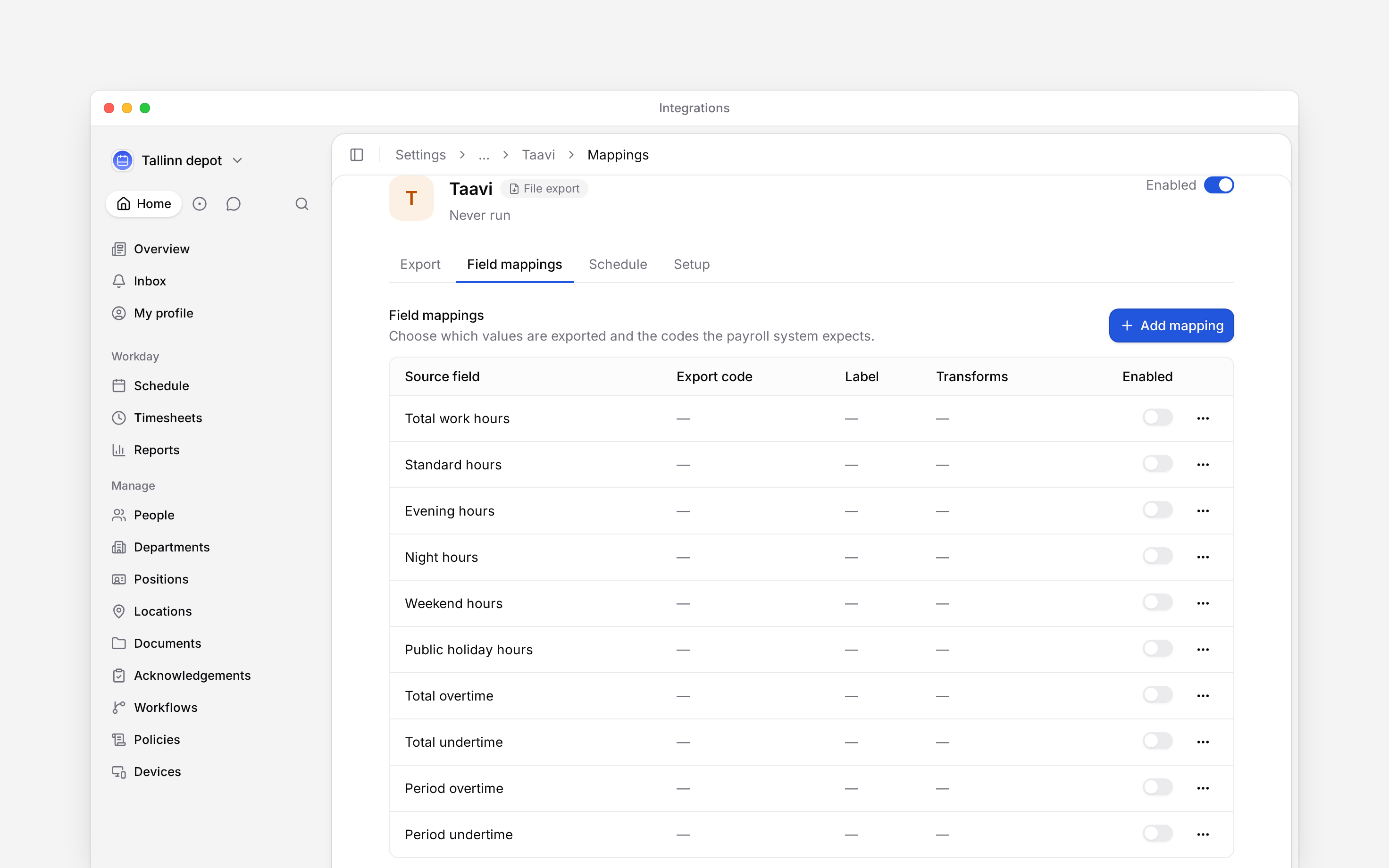 Prepare a CSV of hours and absences for import into Taavi.