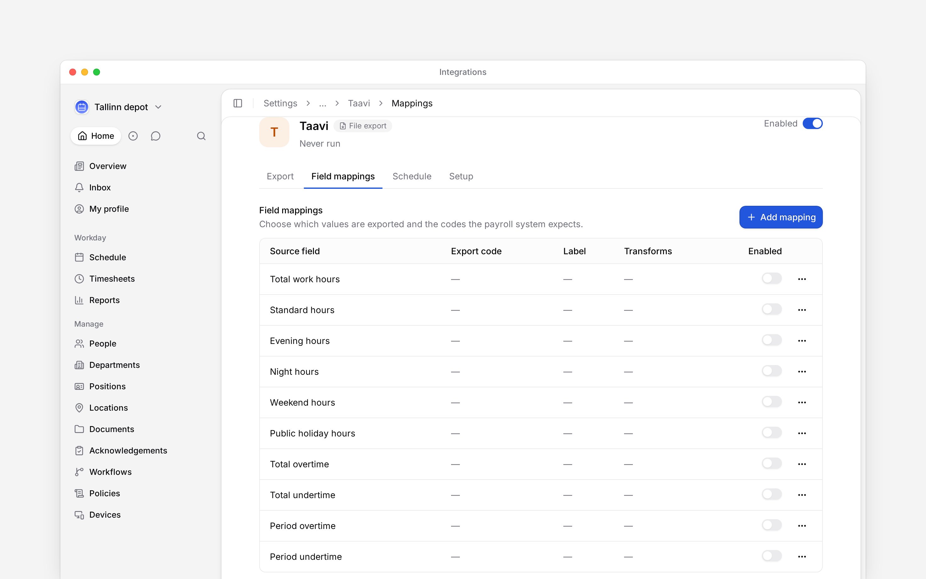 Prepare a CSV of hours and absences for import into Taavi.