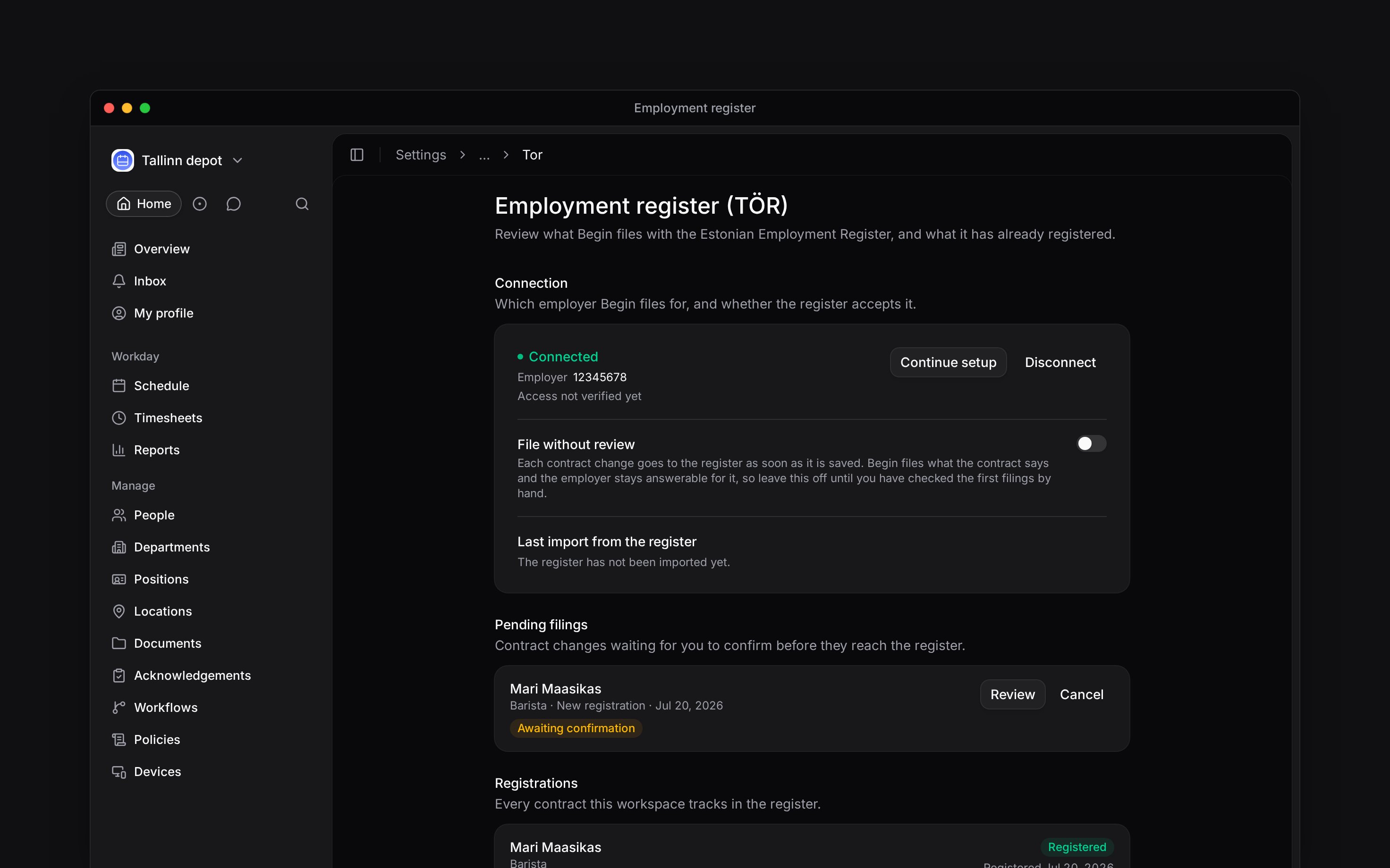 Connect the Estonian register and review employment filings before sending them.