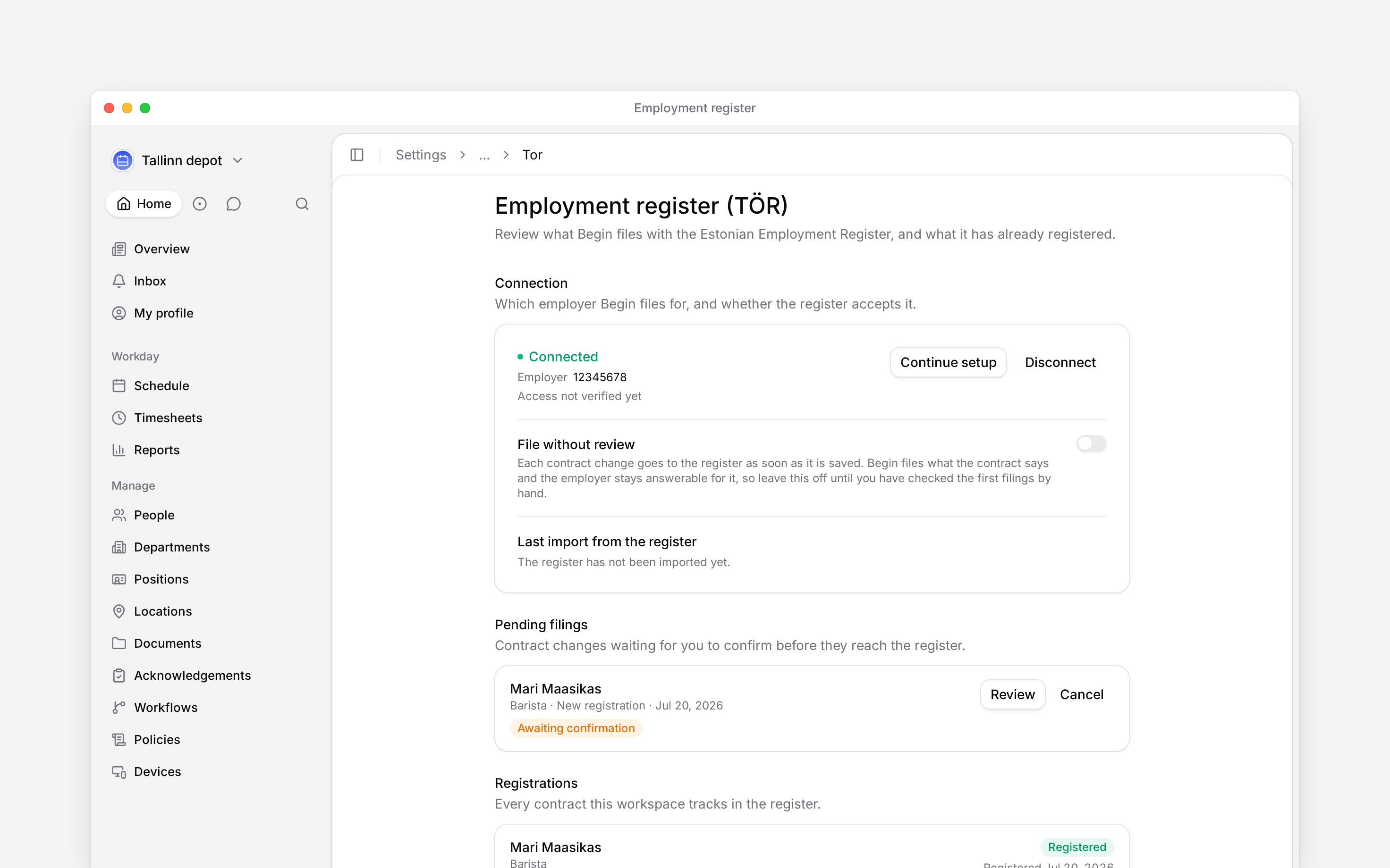Connect the Estonian register and review employment filings before sending them.