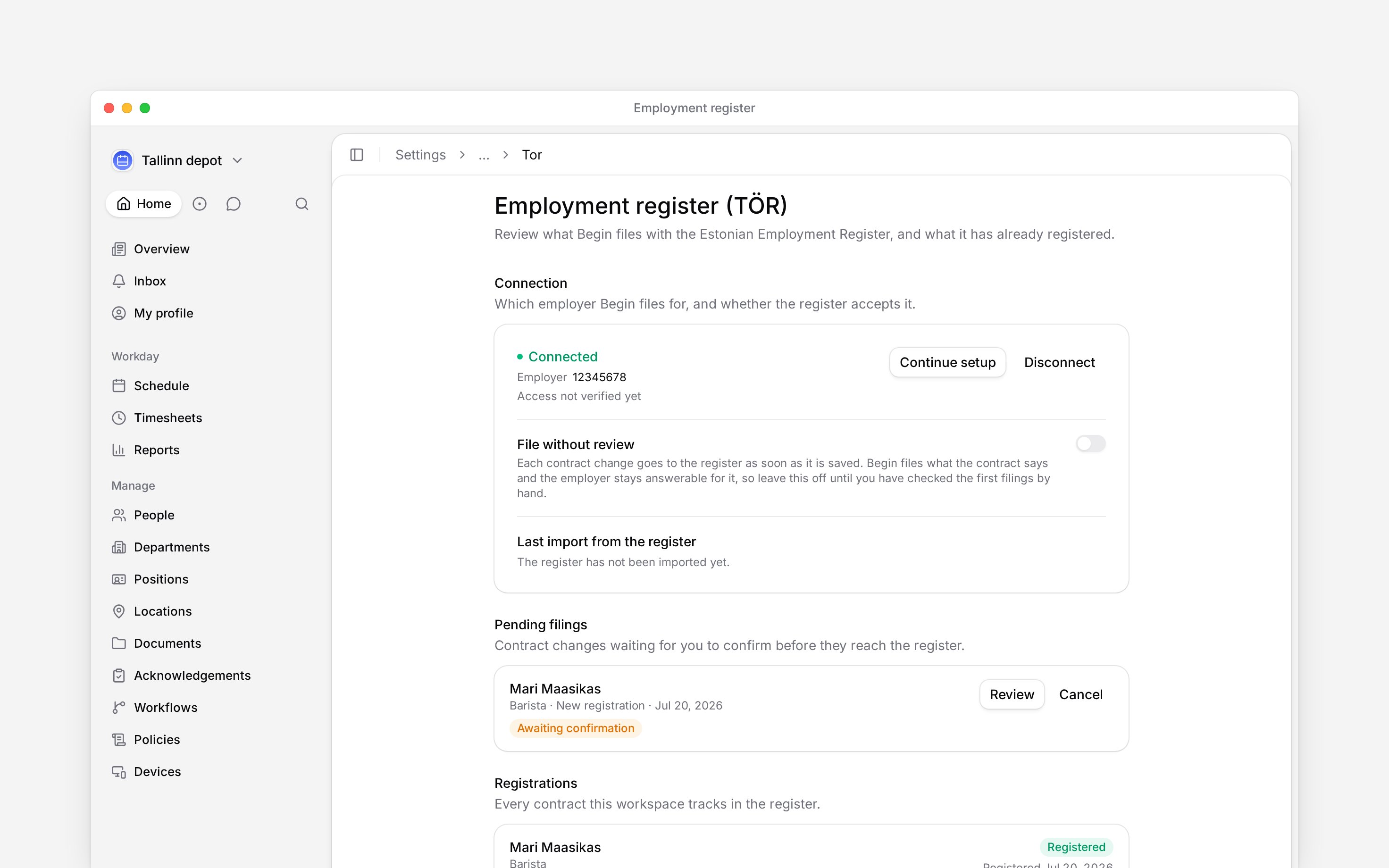 Connect the Estonian register and review employment filings before sending them.