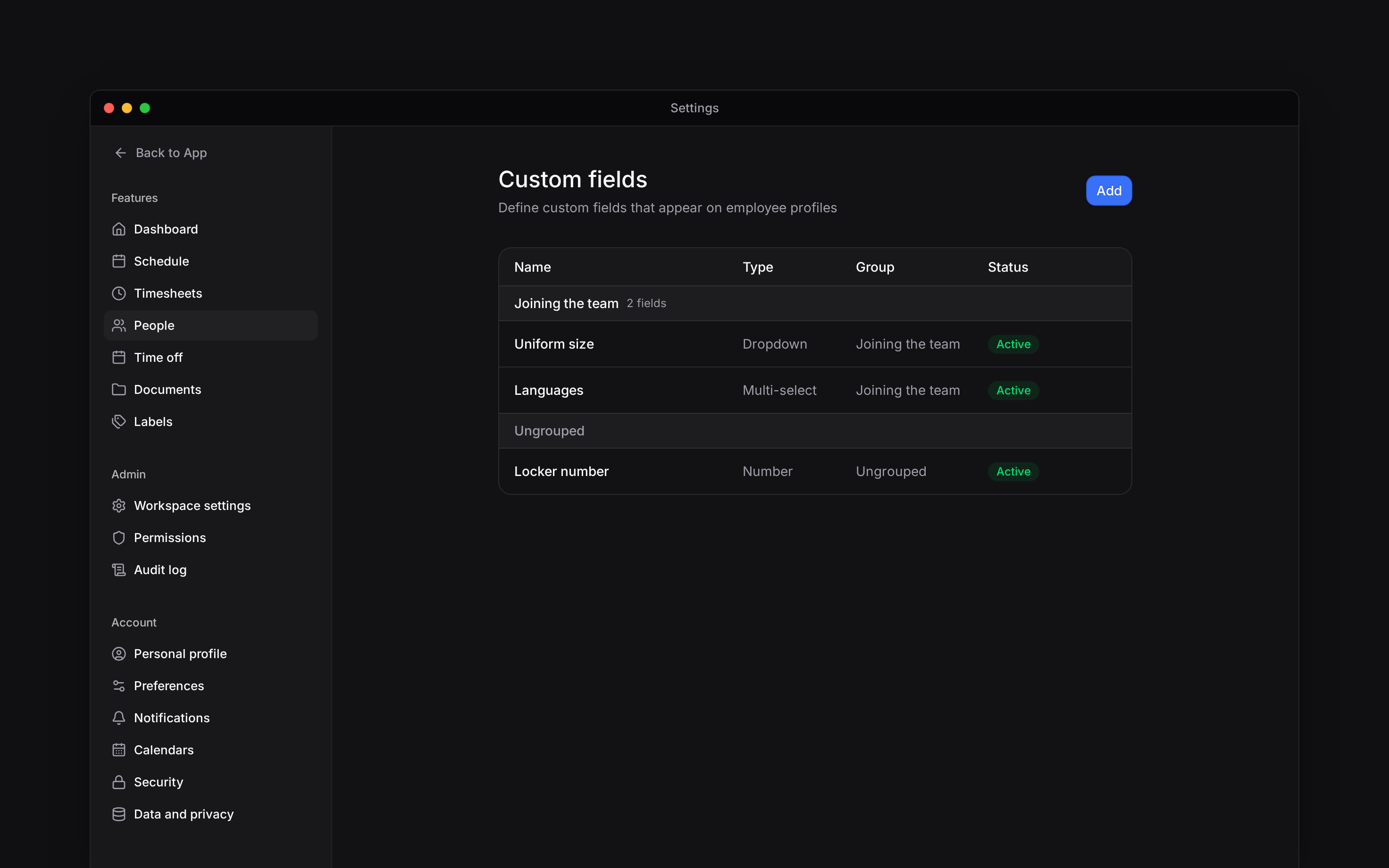 The Custom fields list showing Uniform size and Languages in Joining the team, plus an ungrouped Locker number