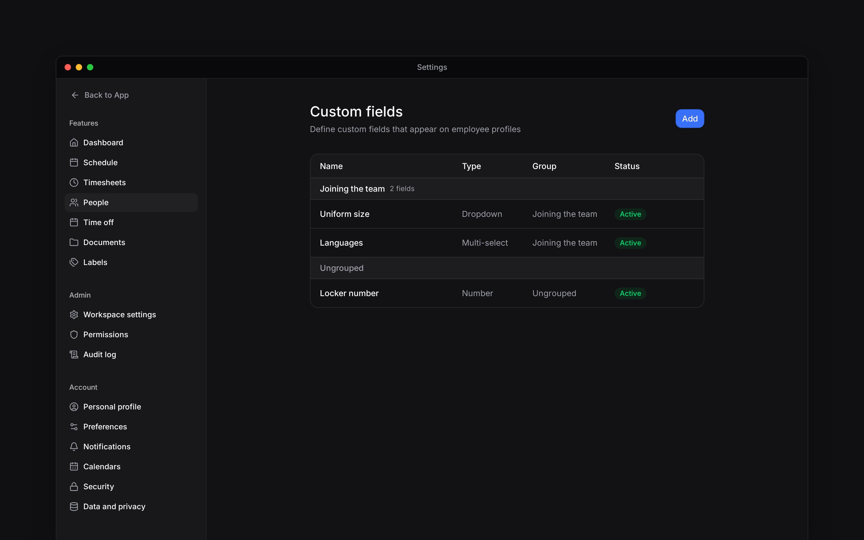 The Custom fields list showing Uniform size and Languages in Joining the team, plus an ungrouped Locker number