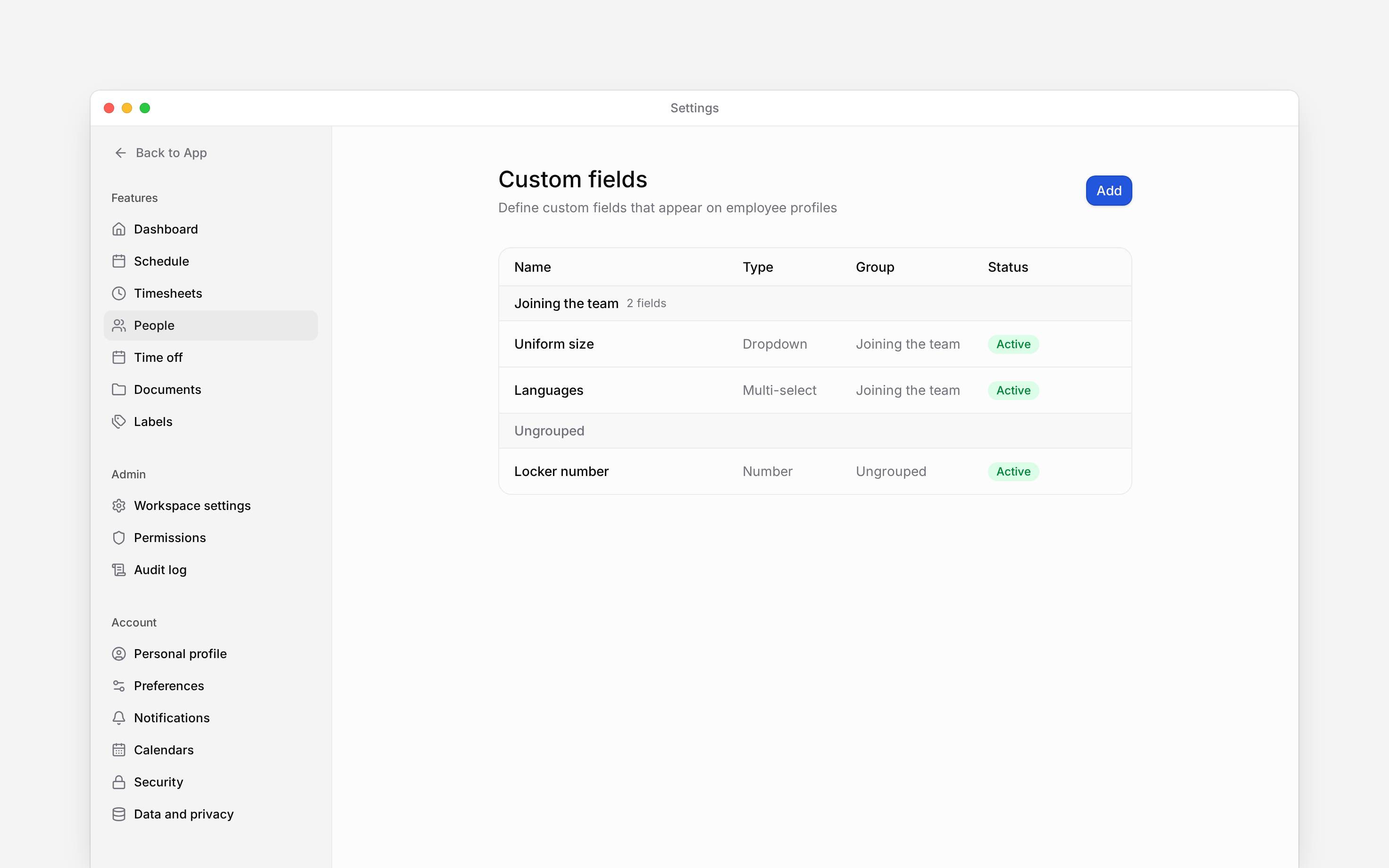 The Custom fields list showing Uniform size and Languages in Joining the team, plus an ungrouped Locker number