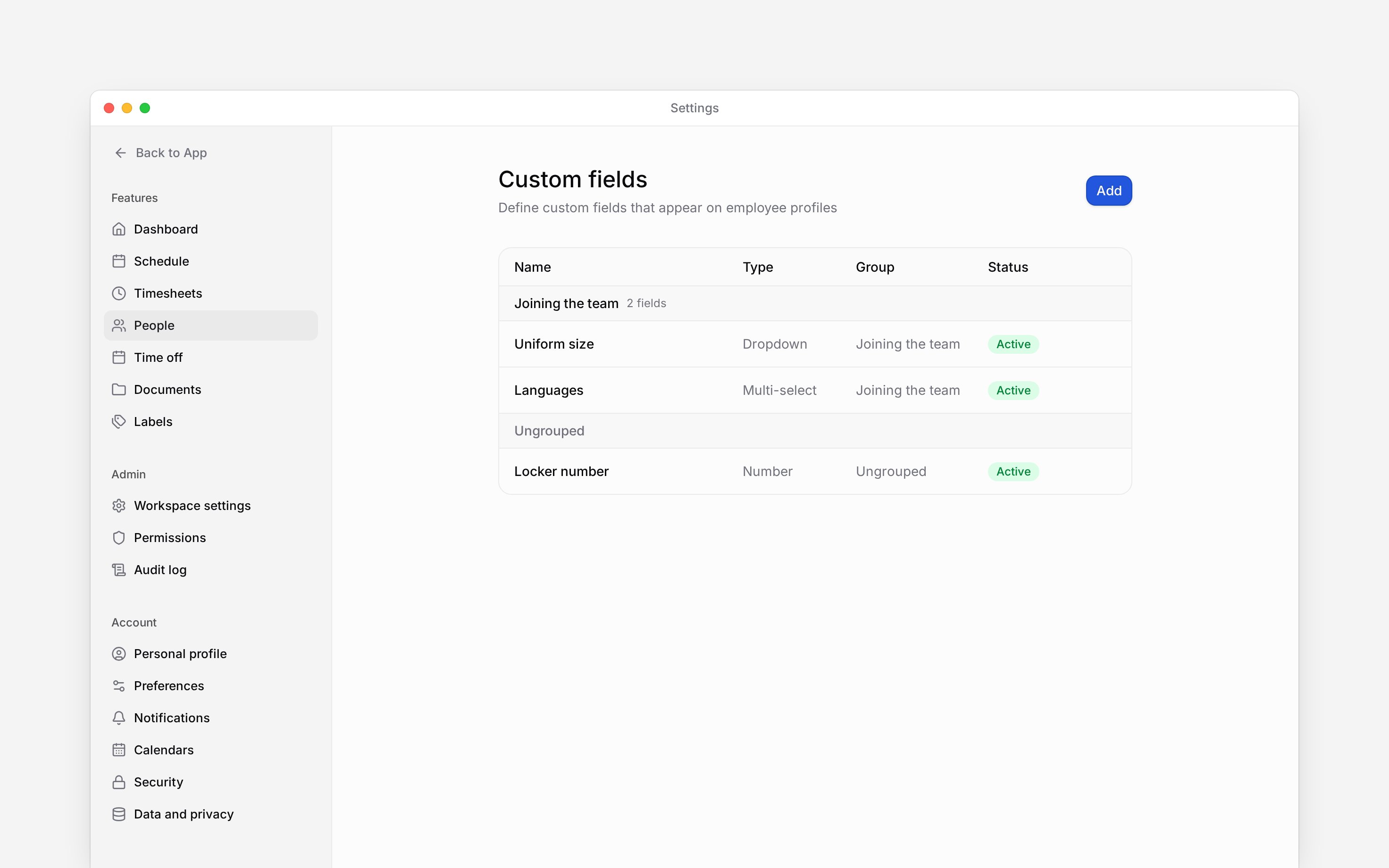 The Custom fields list showing Uniform size and Languages in Joining the team, plus an ungrouped Locker number