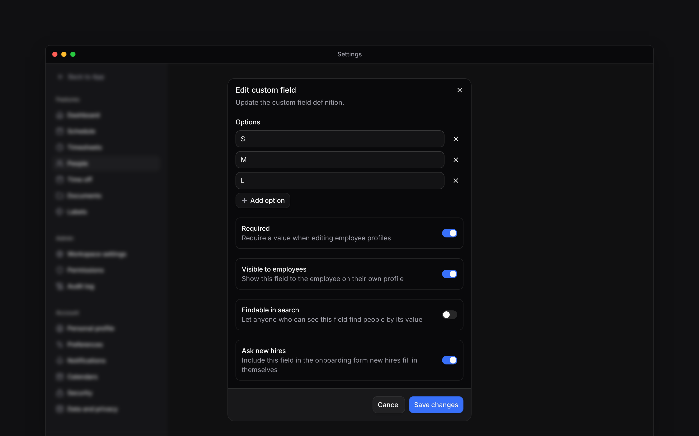 The custom field editor with uniform sizes and Required, Visible to employees and Ask new hires switched on