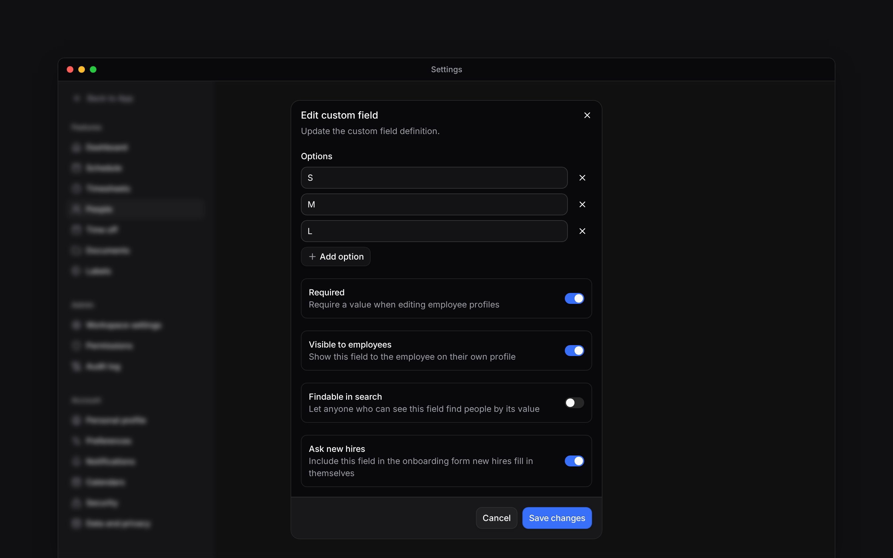 The custom field editor with uniform sizes and Required, Visible to employees and Ask new hires switched on