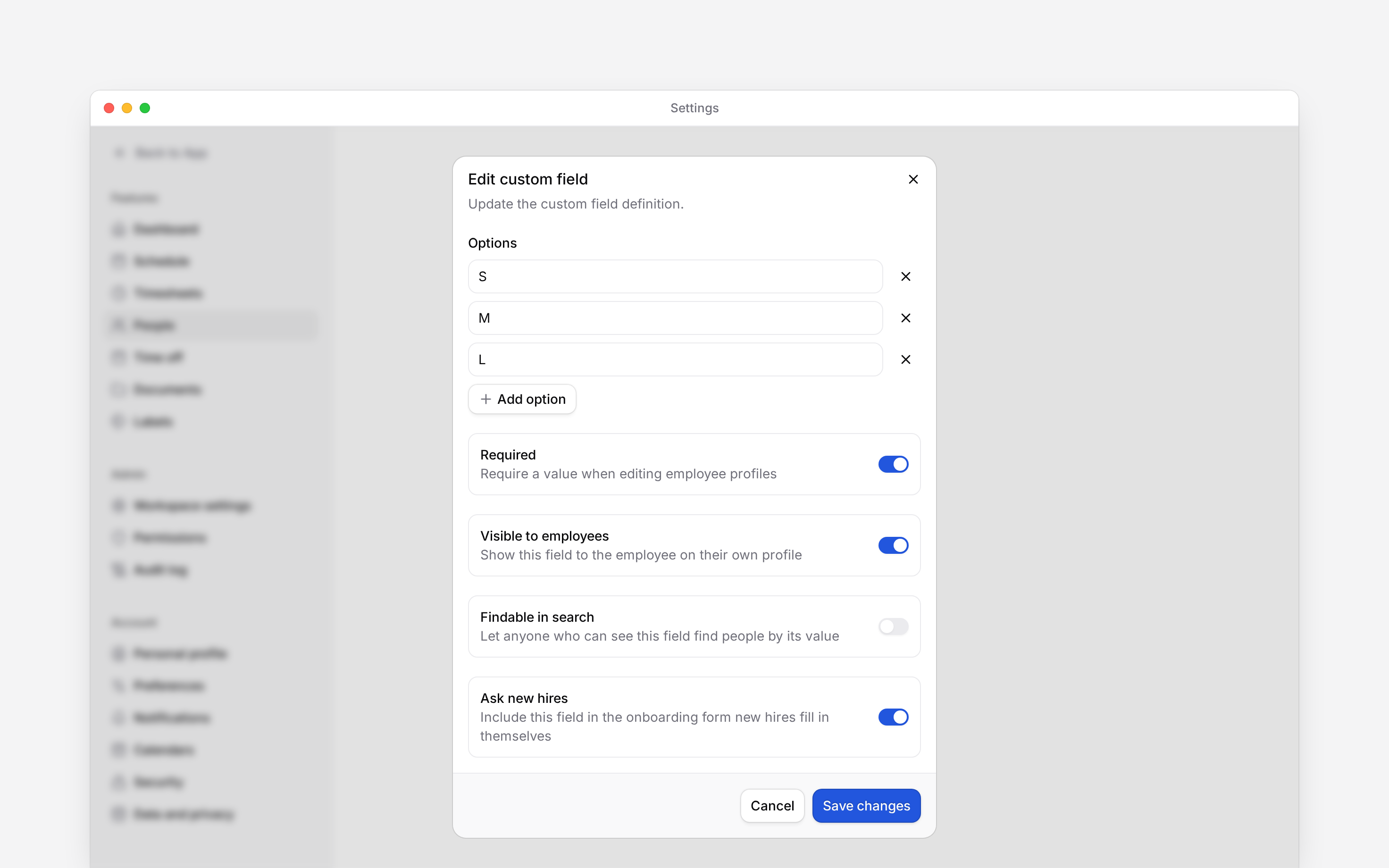 The custom field editor with uniform sizes and Required, Visible to employees and Ask new hires switched on