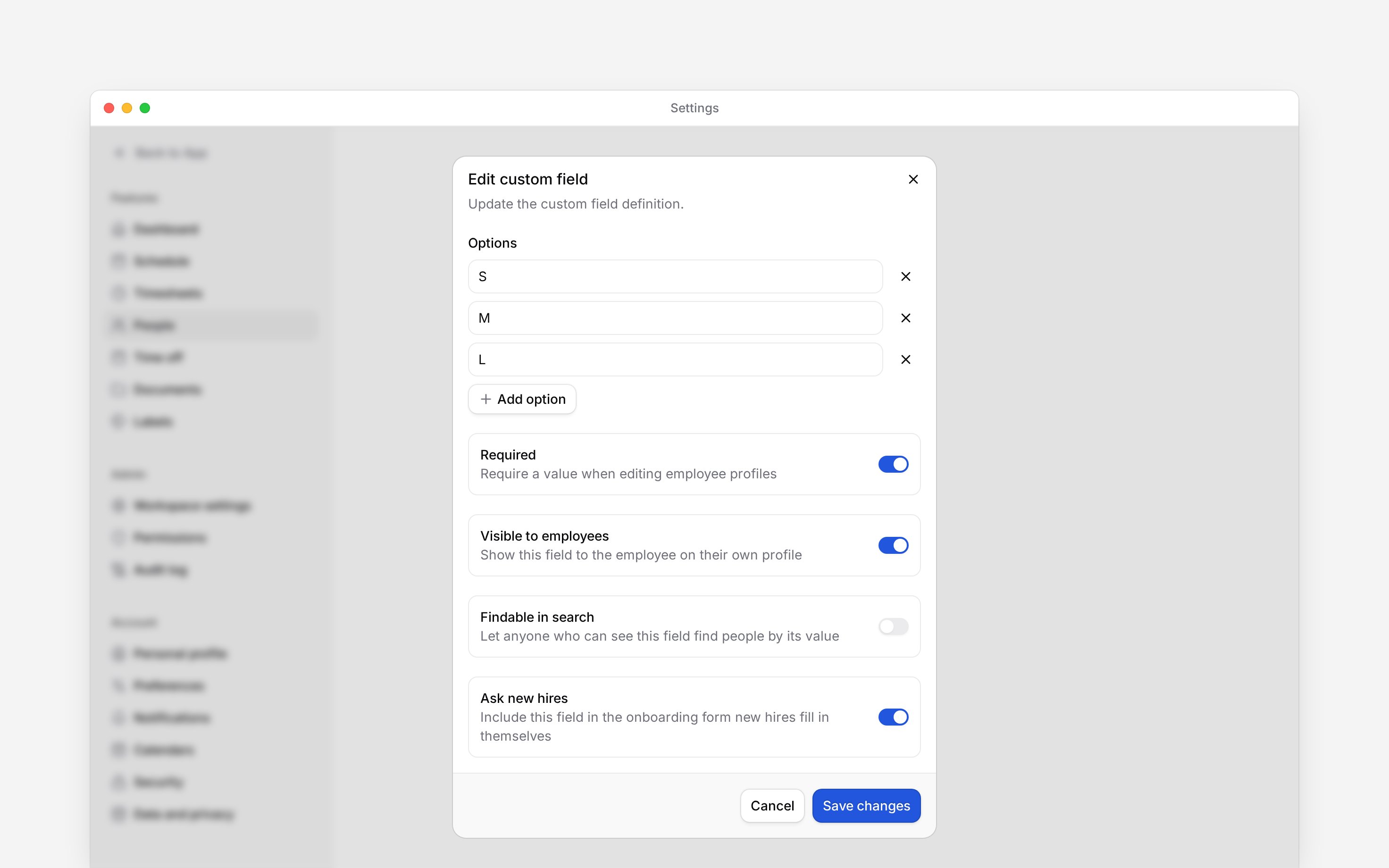The custom field editor with uniform sizes and Required, Visible to employees and Ask new hires switched on