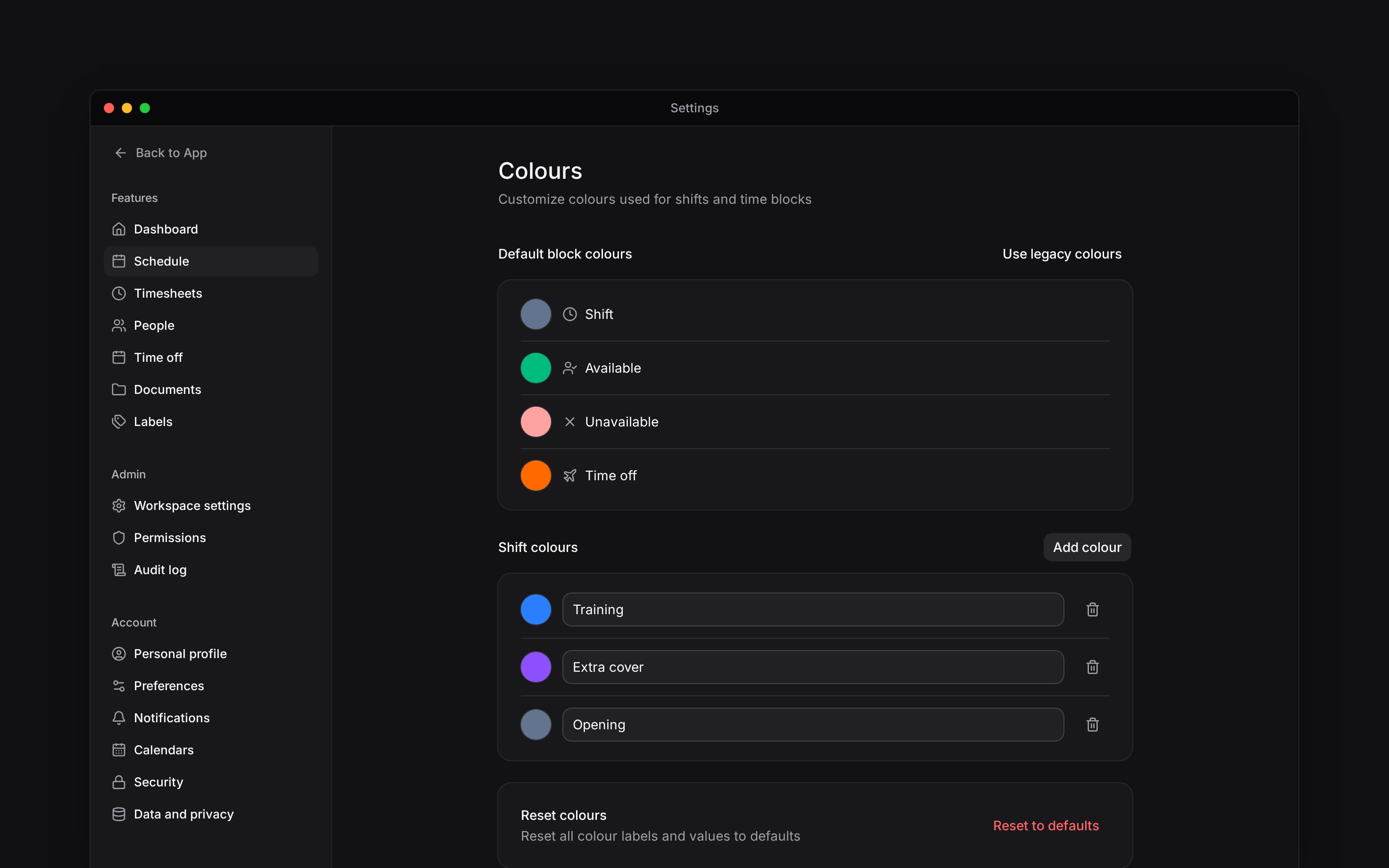 Default block colours above named Training, Extra cover and Opening colours
