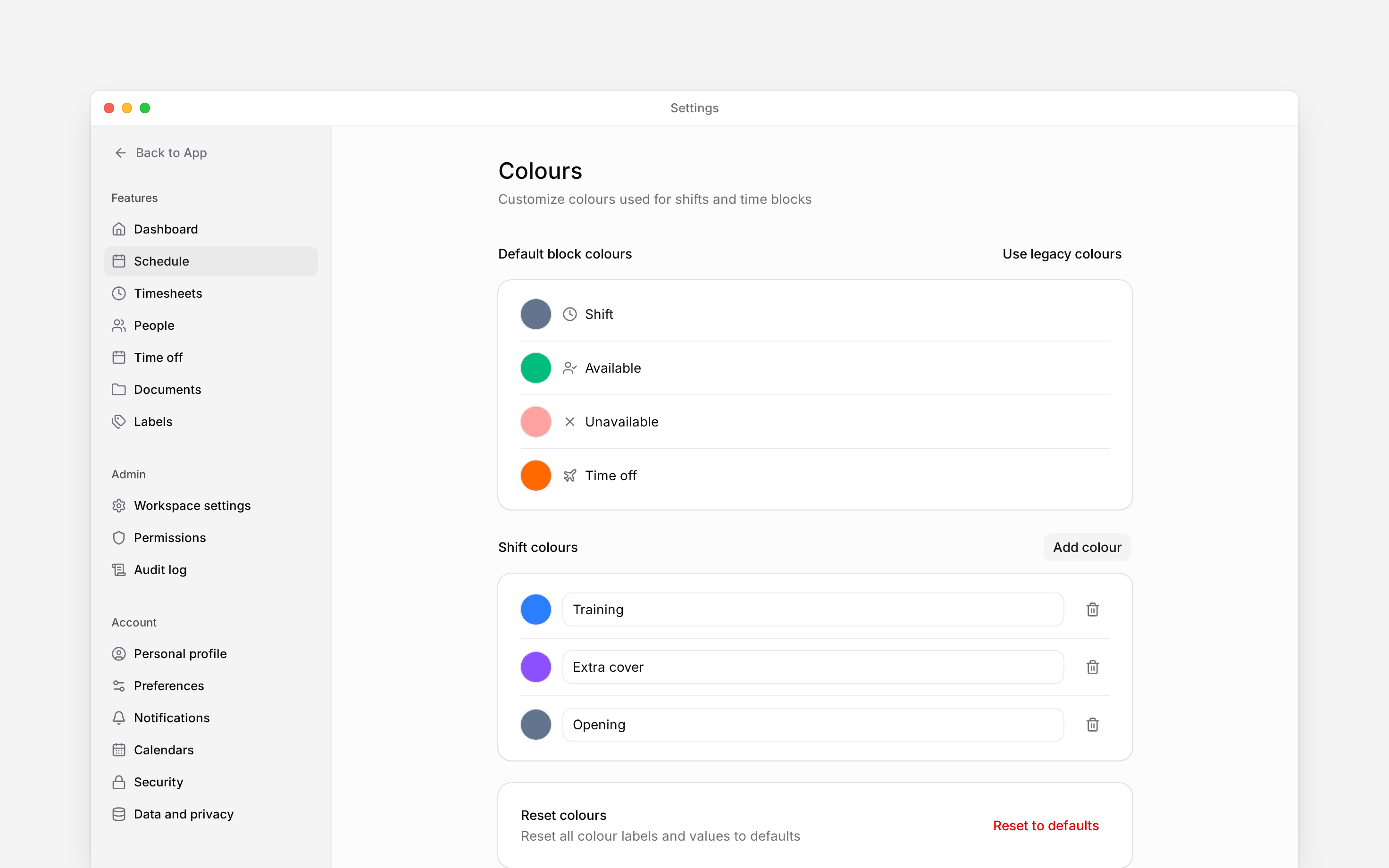 Default block colours above named Training, Extra cover and Opening colours