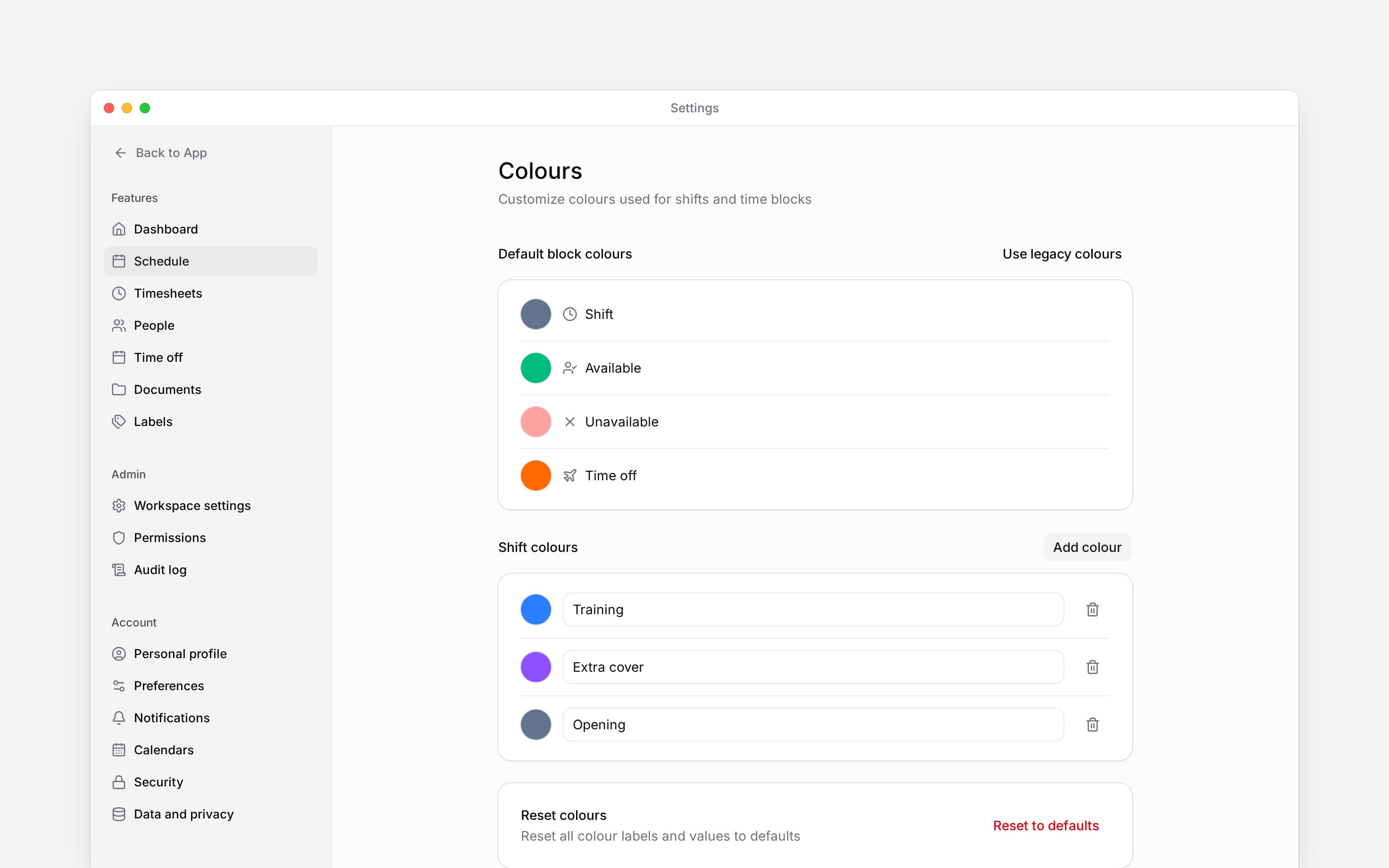 Default block colours above named Training, Extra cover and Opening colours