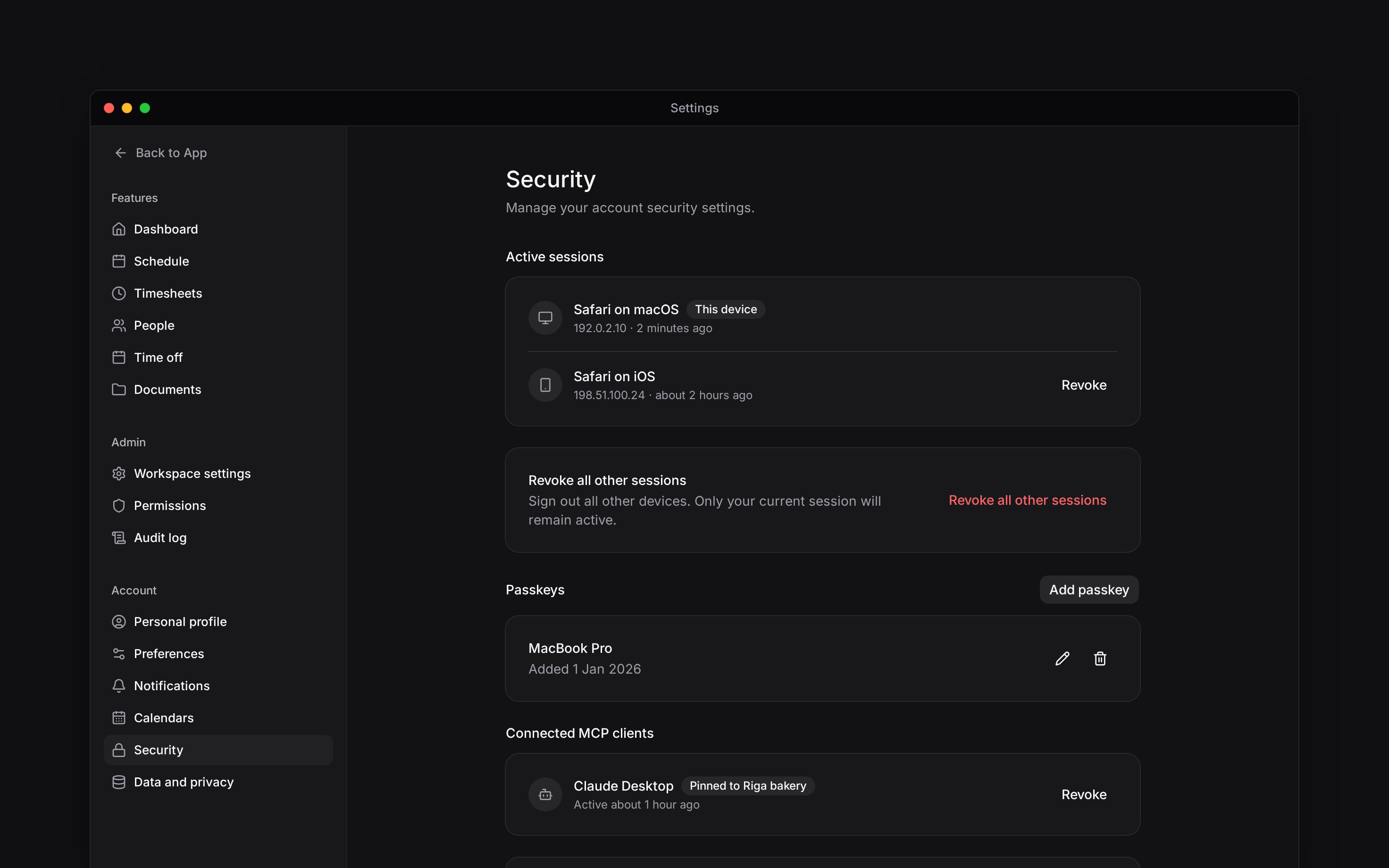 Security settings showing active sessions and the current device