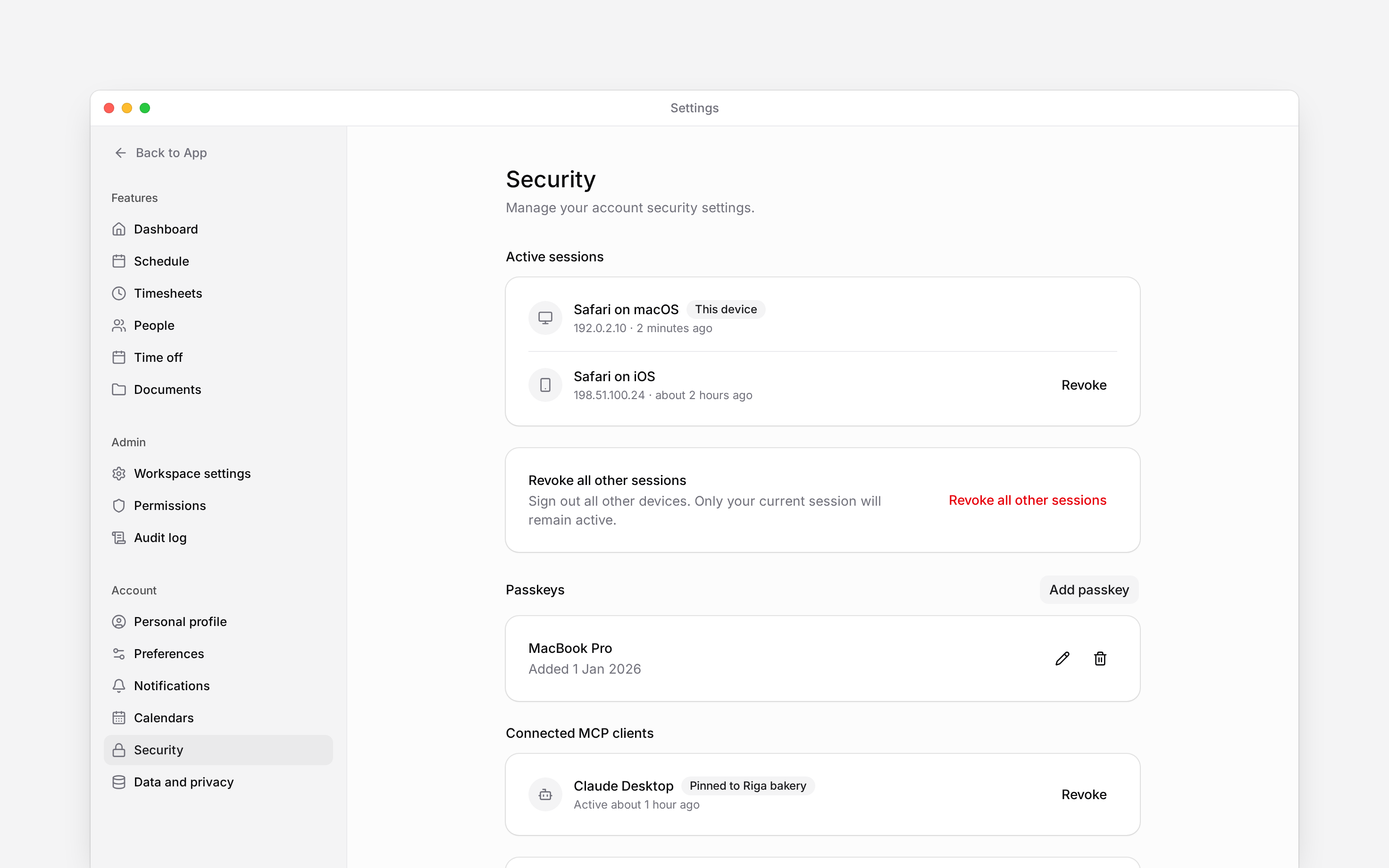 Security settings showing active sessions and the current device