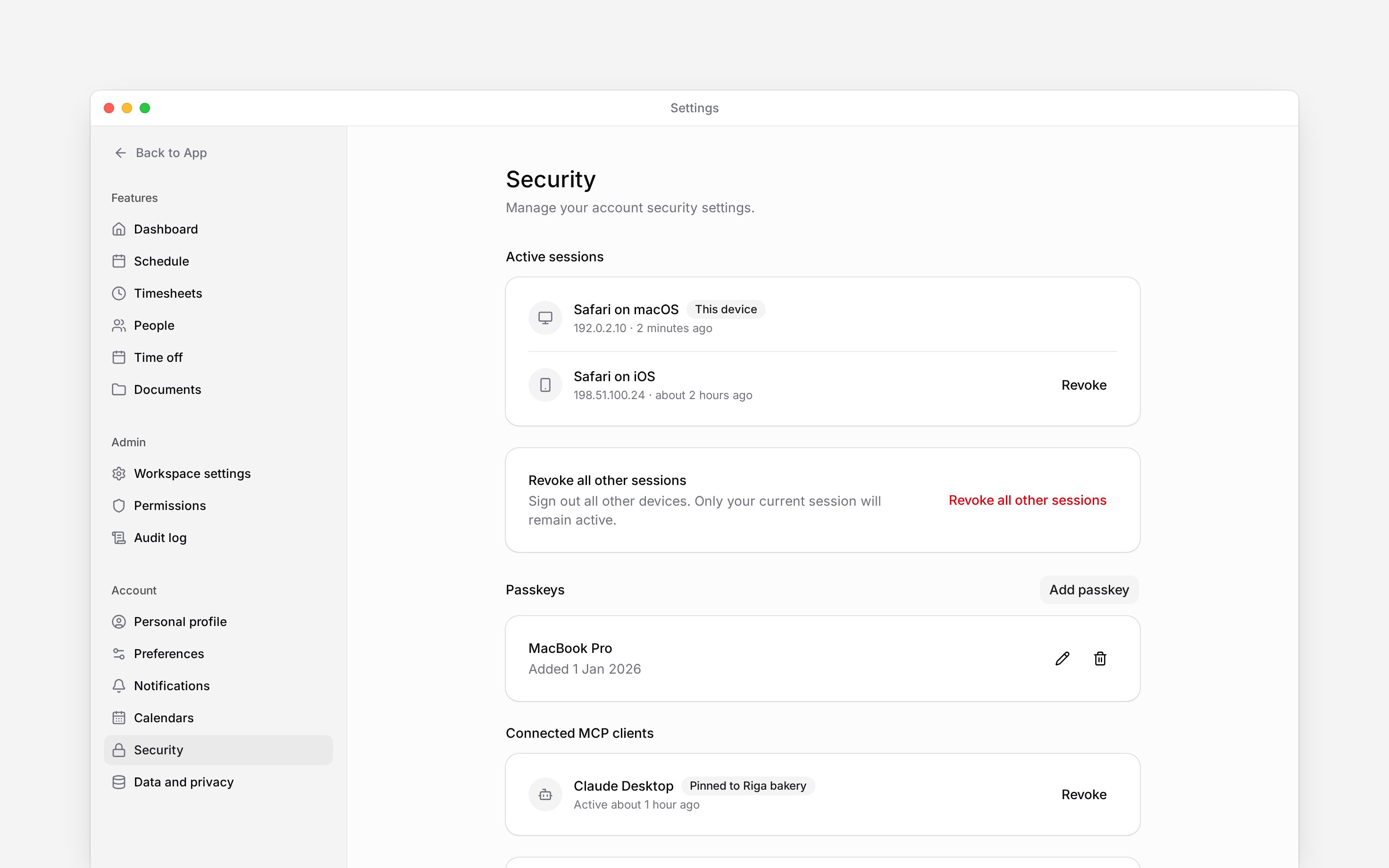 Security settings showing active sessions and the current device