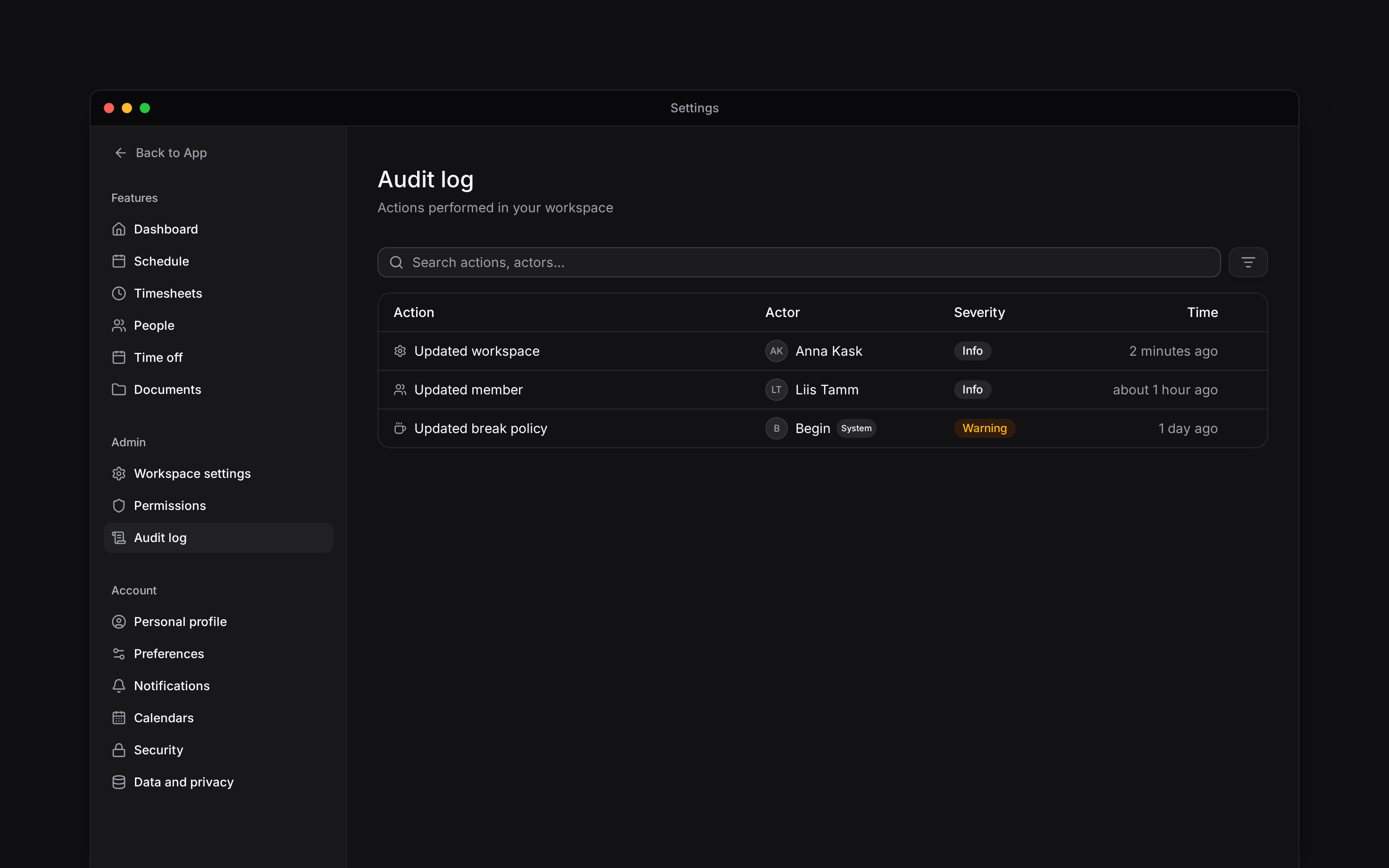 The real Audit log with search, filters, and recent workspace events