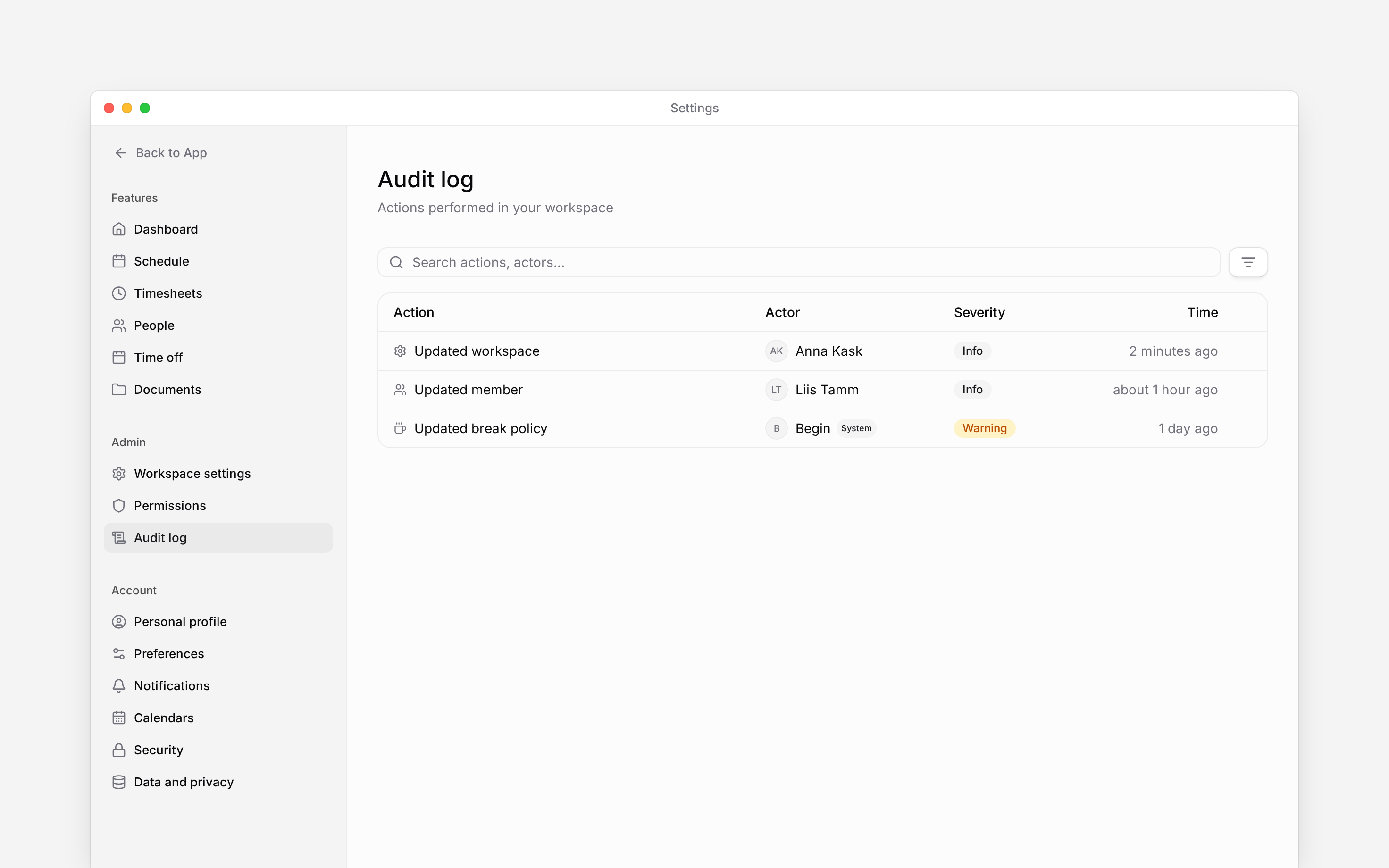 The real Audit log with search, filters, and recent workspace events