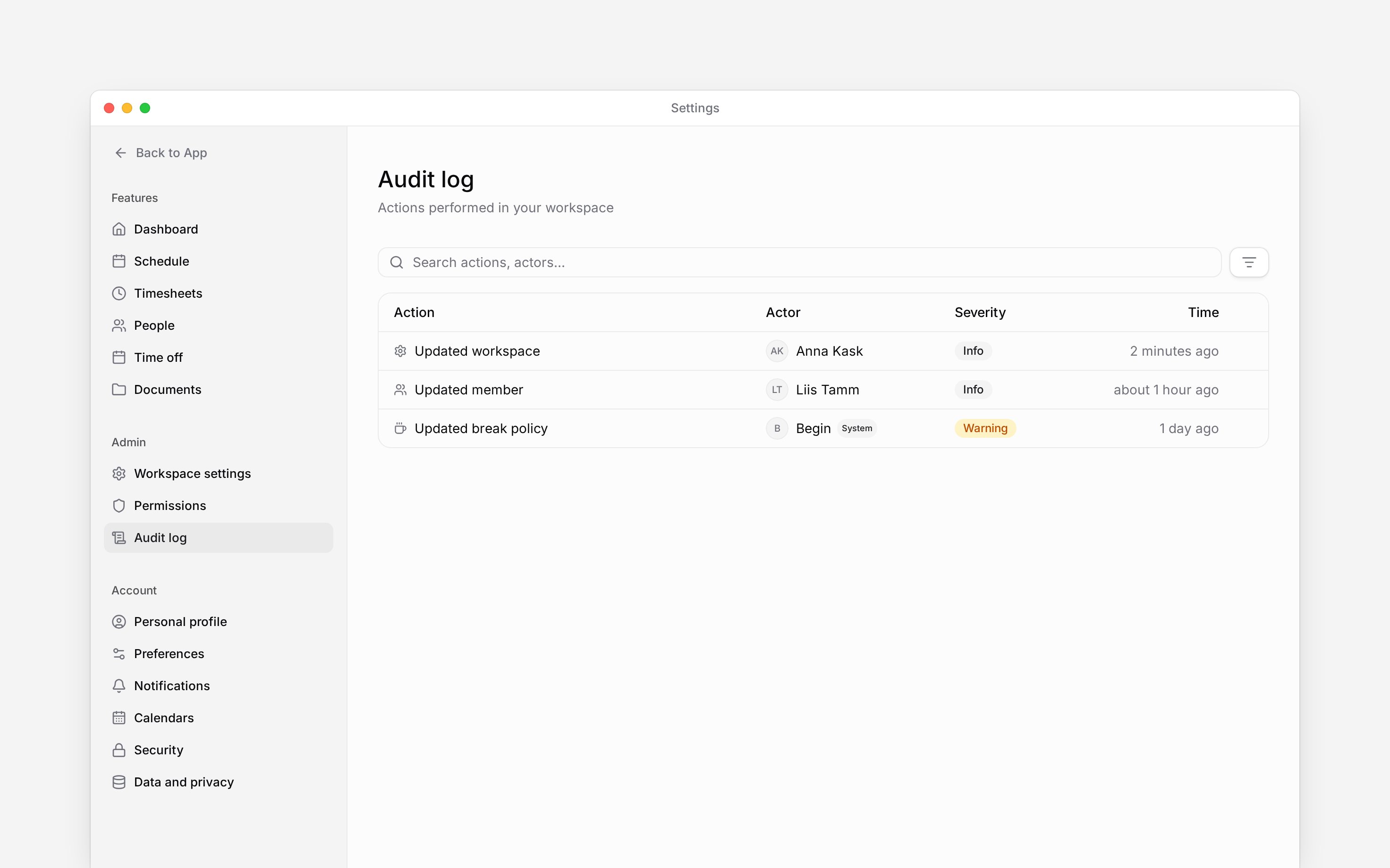 The real Audit log with search, filters, and recent workspace events