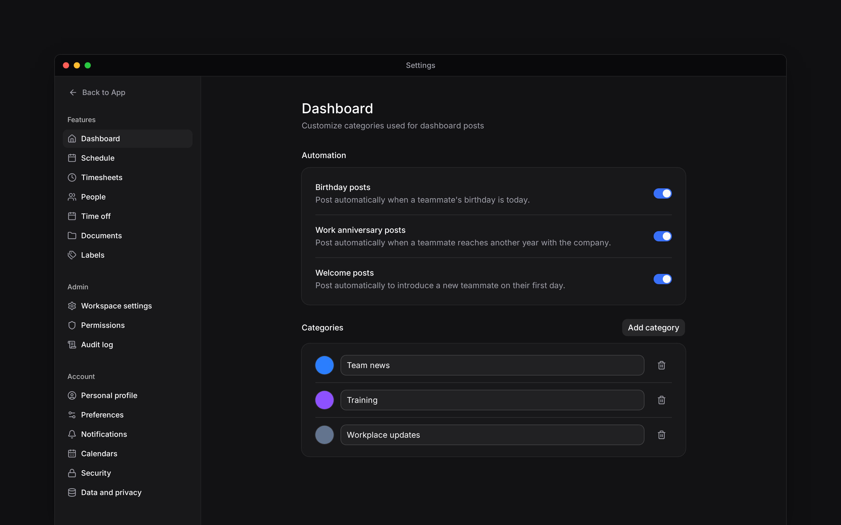 Dashboard settings with three automation switches and named post categories