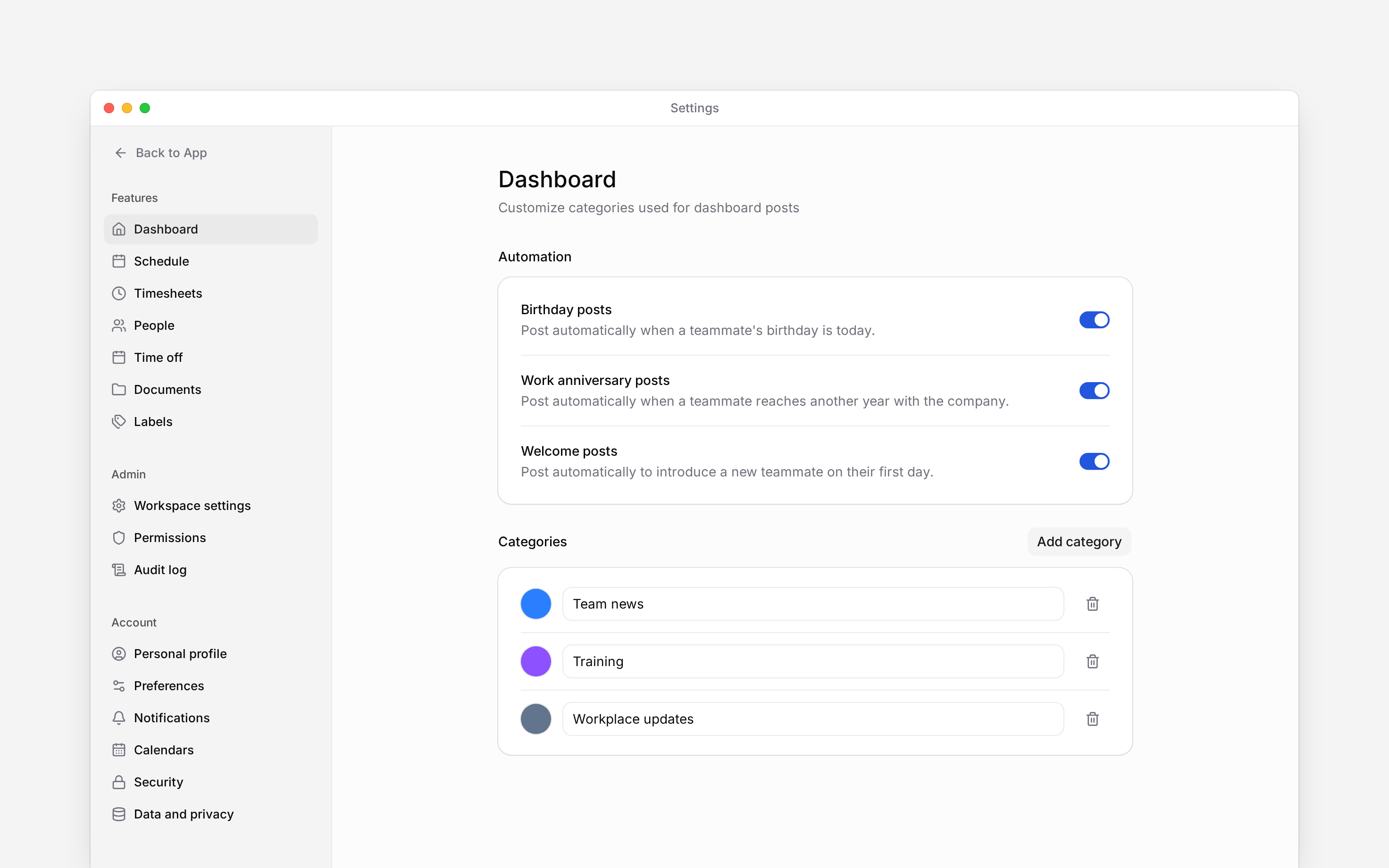 Dashboard settings with three automation switches and named post categories
