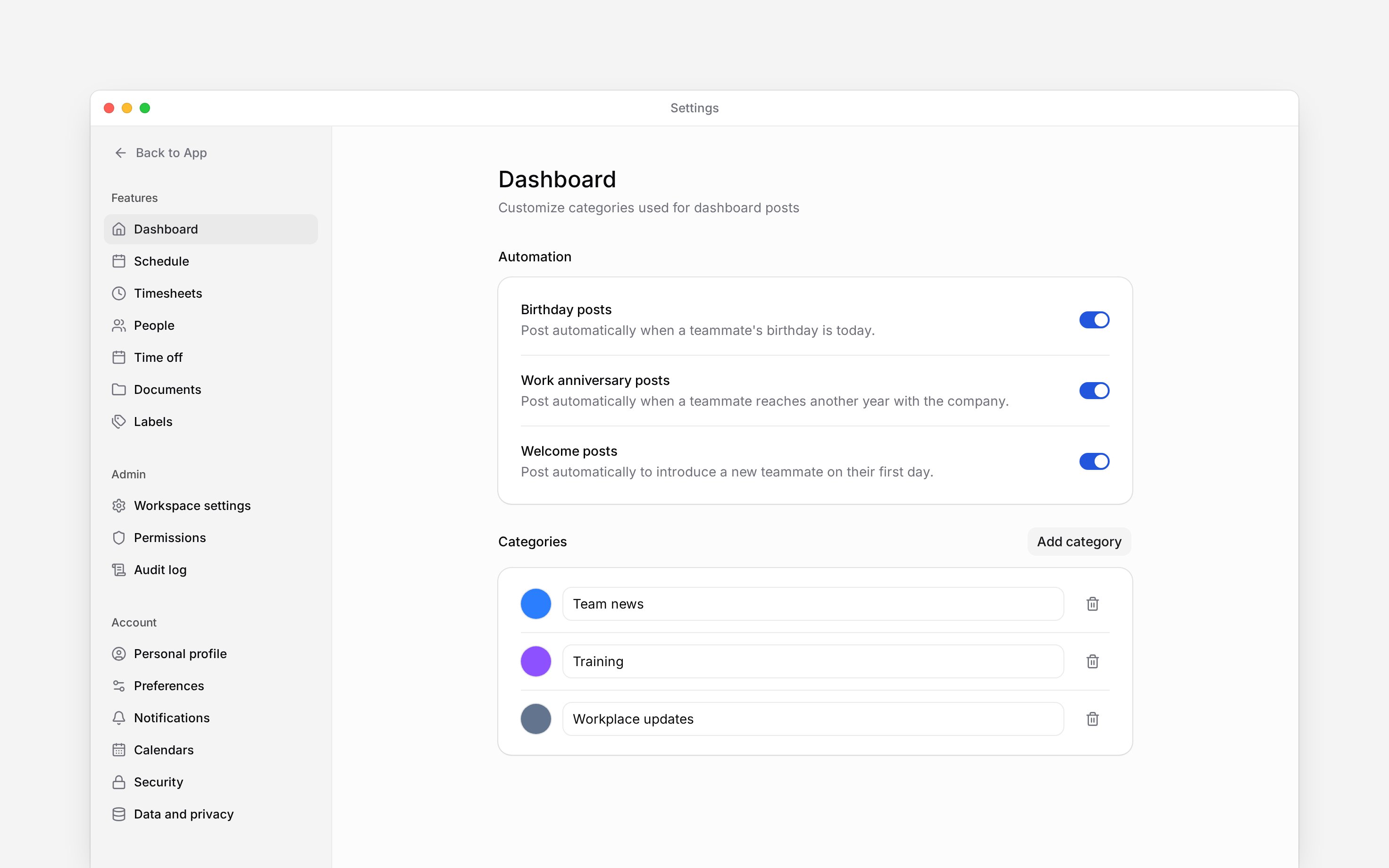 Dashboard settings with three automation switches and named post categories