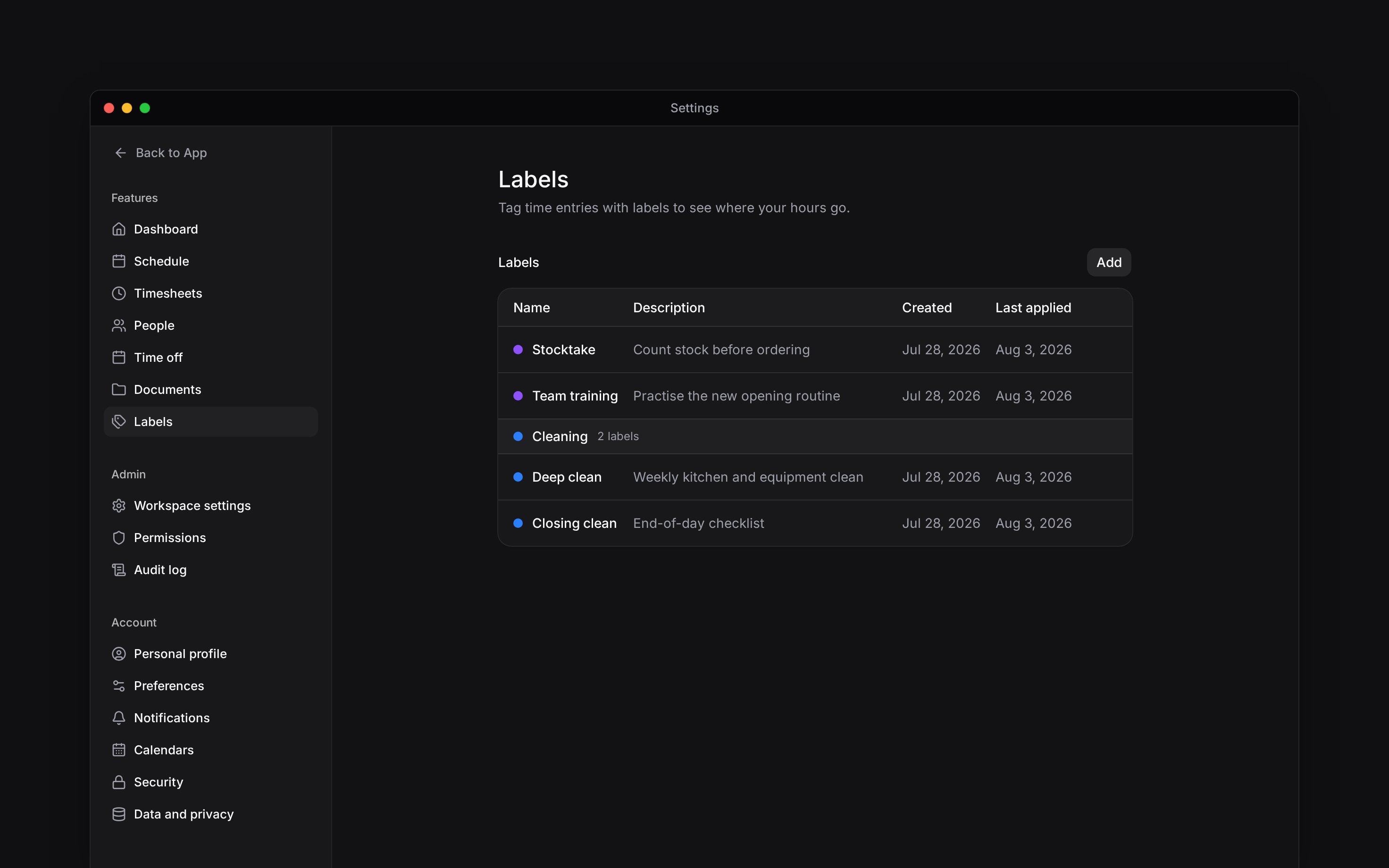 The Labels list with a Cleaning group, named labels and descriptions