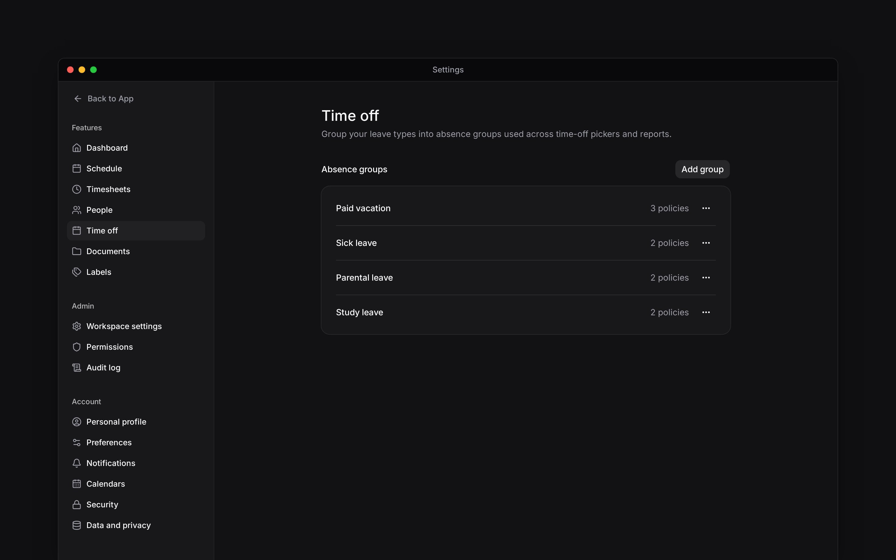 Time off settings with named absence groups and the number of policies in each