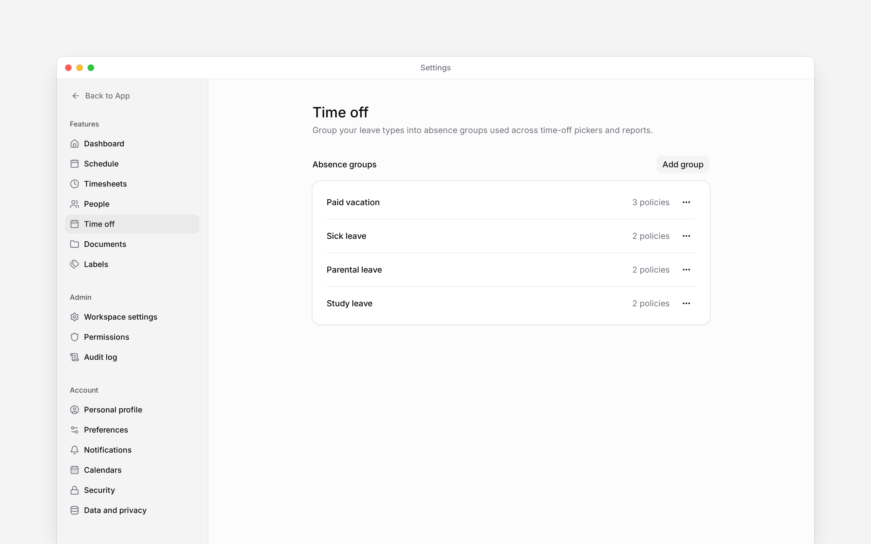 Time off settings with named absence groups and the number of policies in each