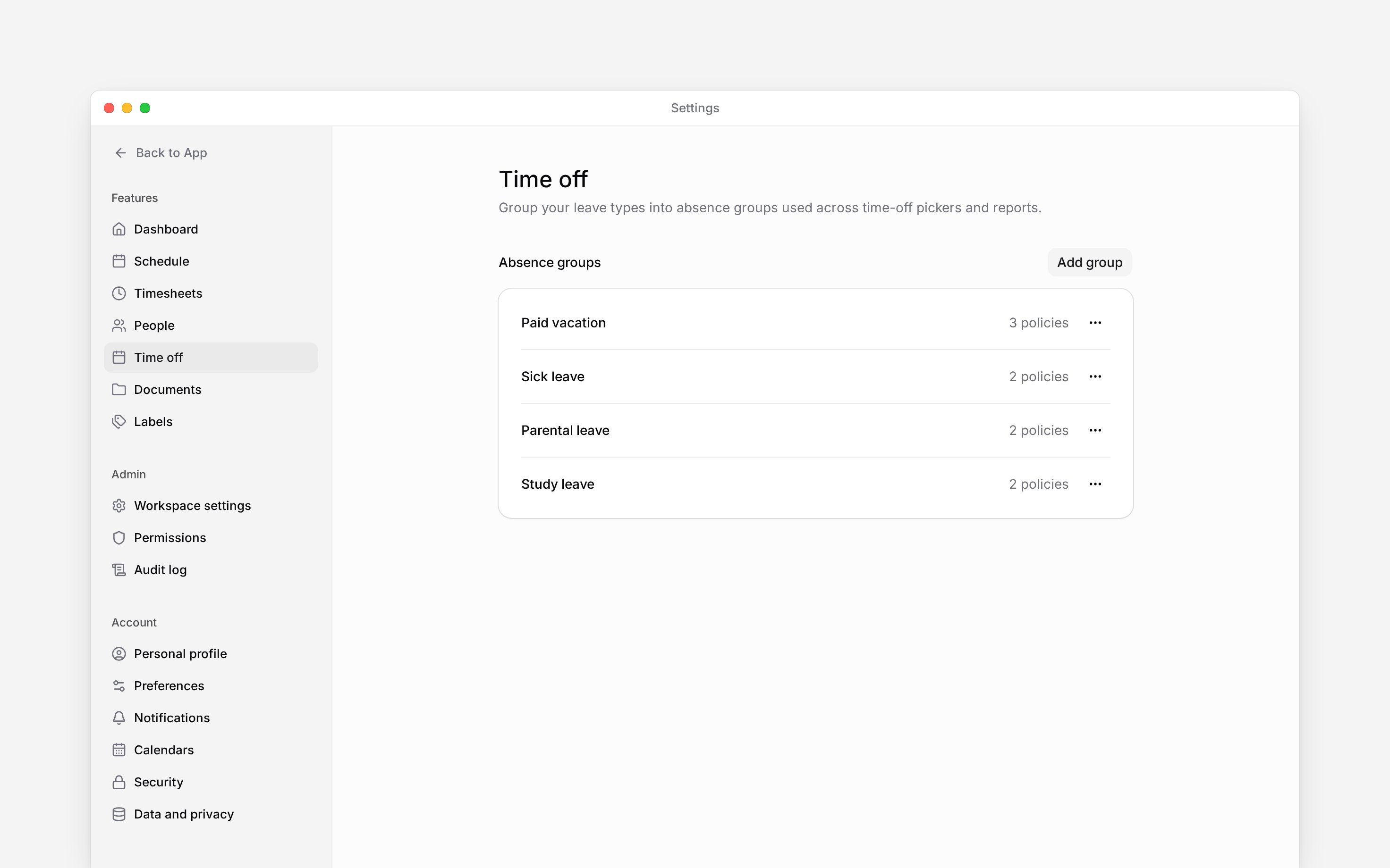 Time off settings with named absence groups and the number of policies in each