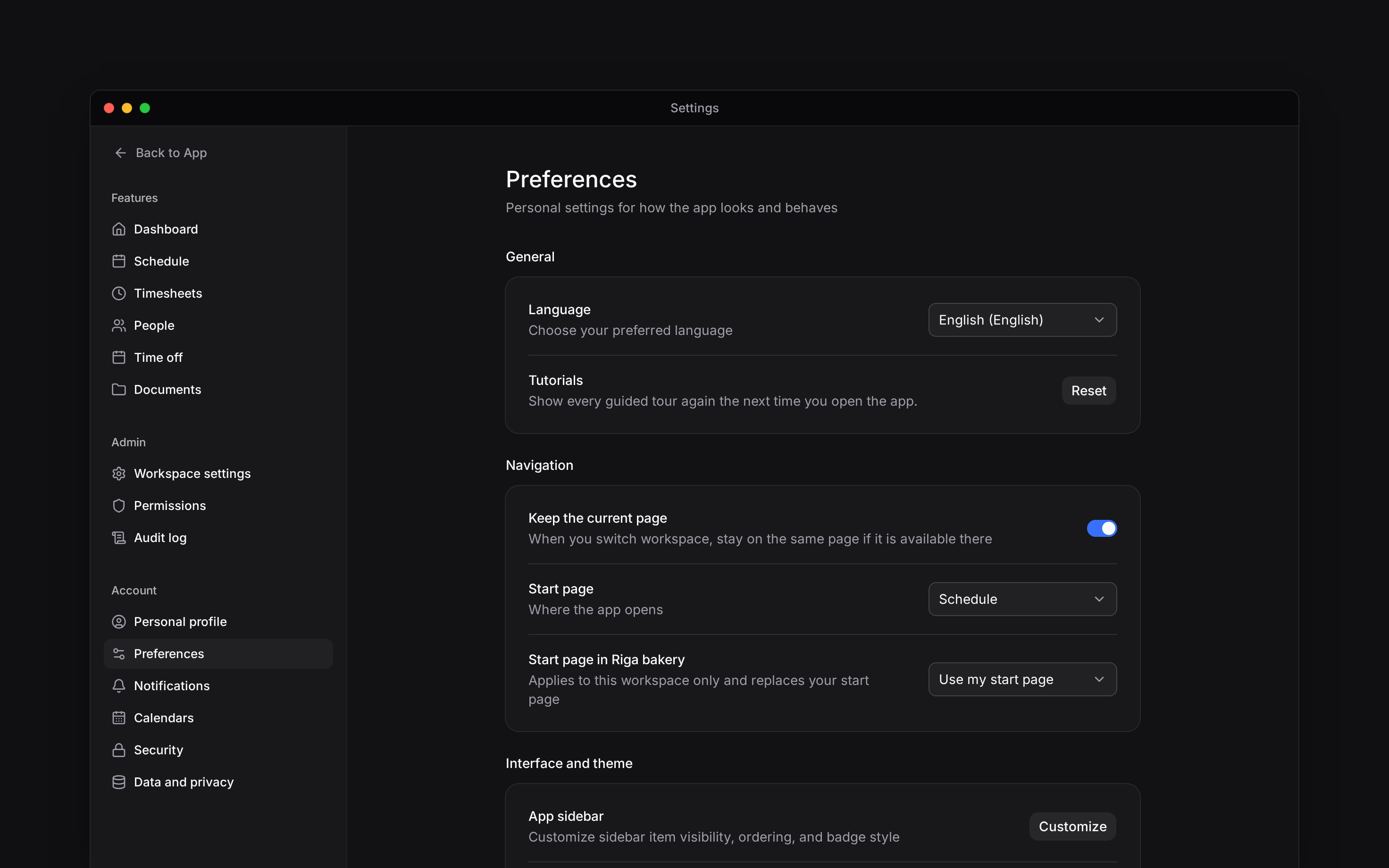 Preferences settings with language, tutorial and start-page controls