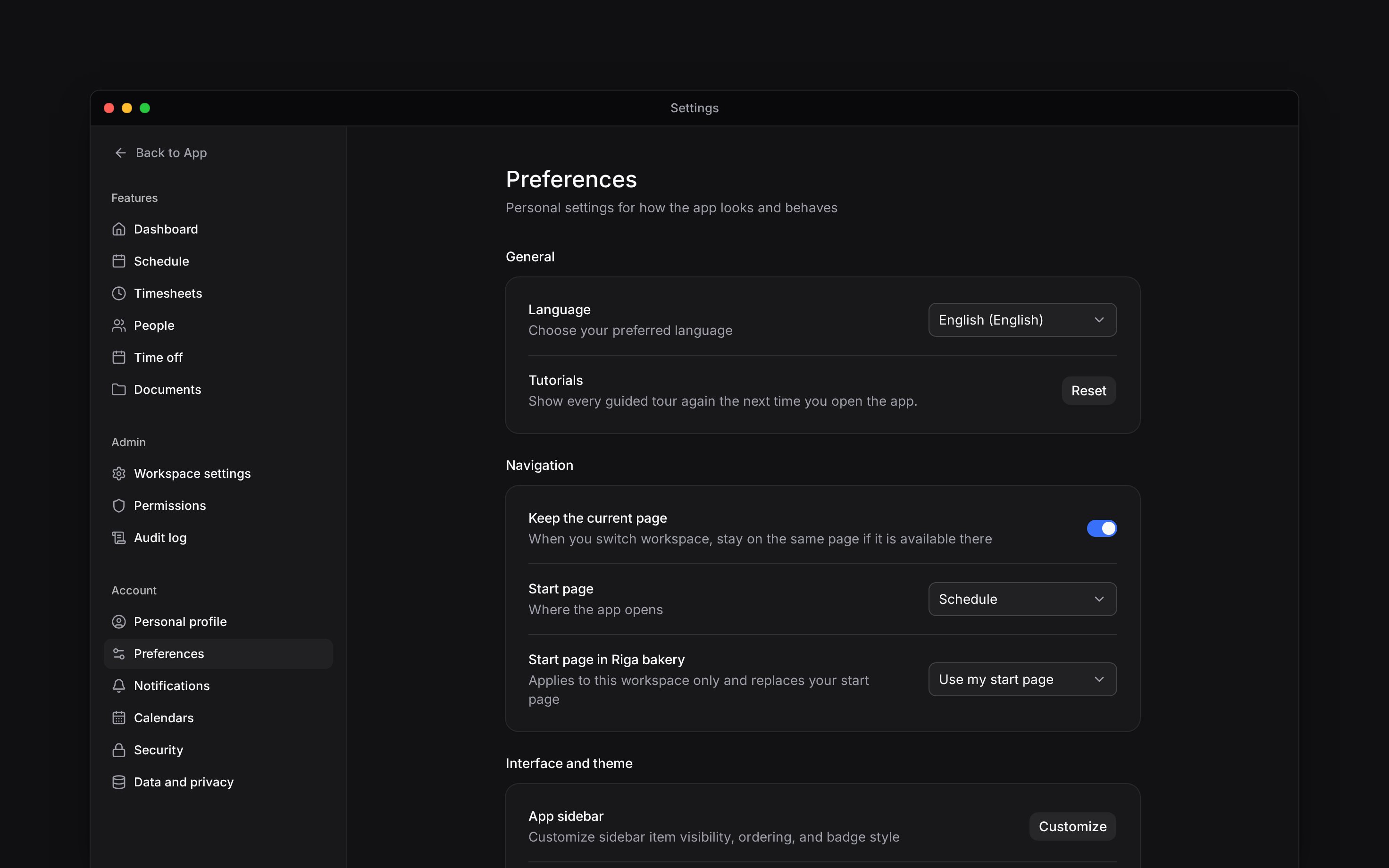 Preferences settings with language, tutorial and start-page controls