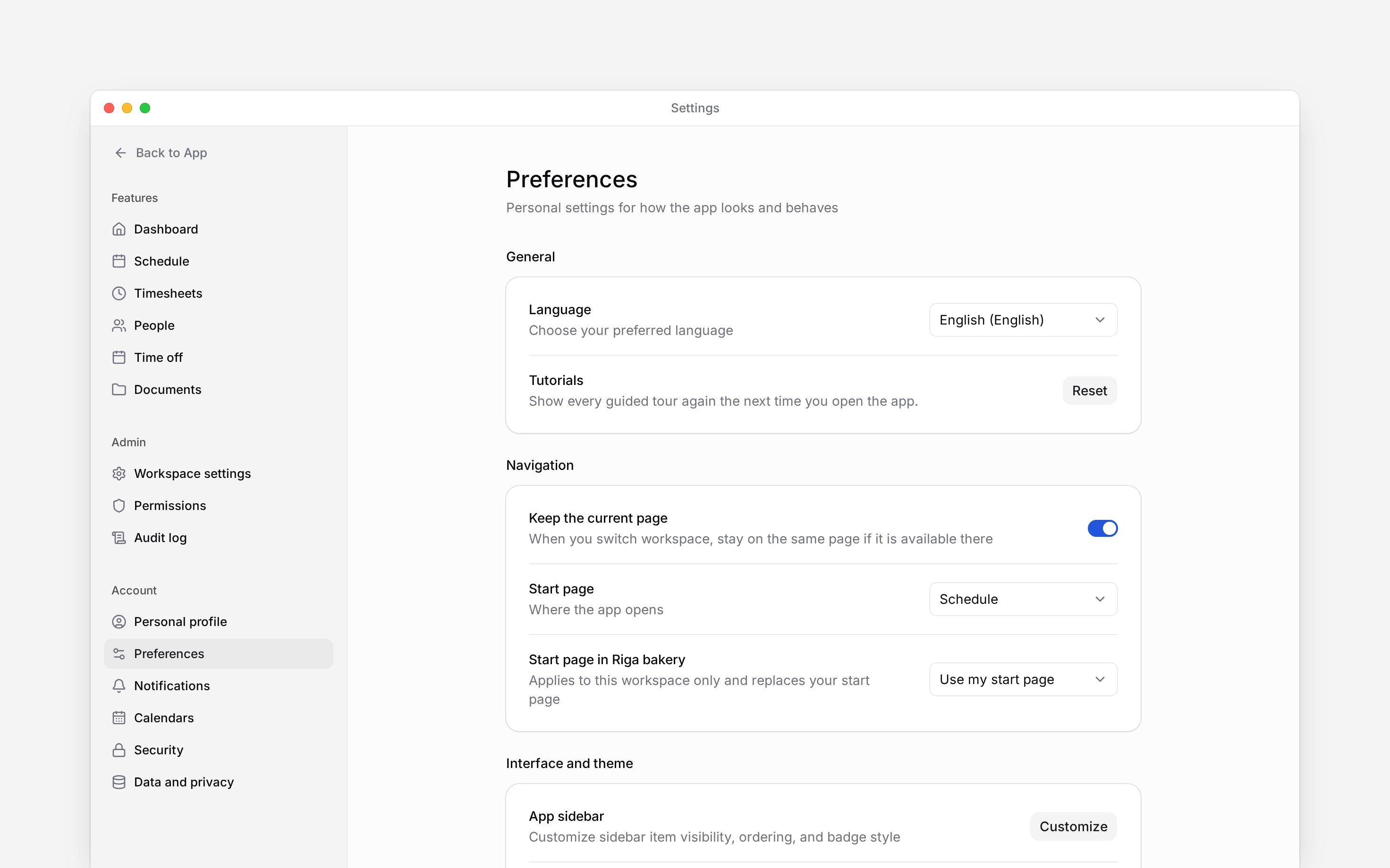 Preferences settings with language, tutorial and start-page controls