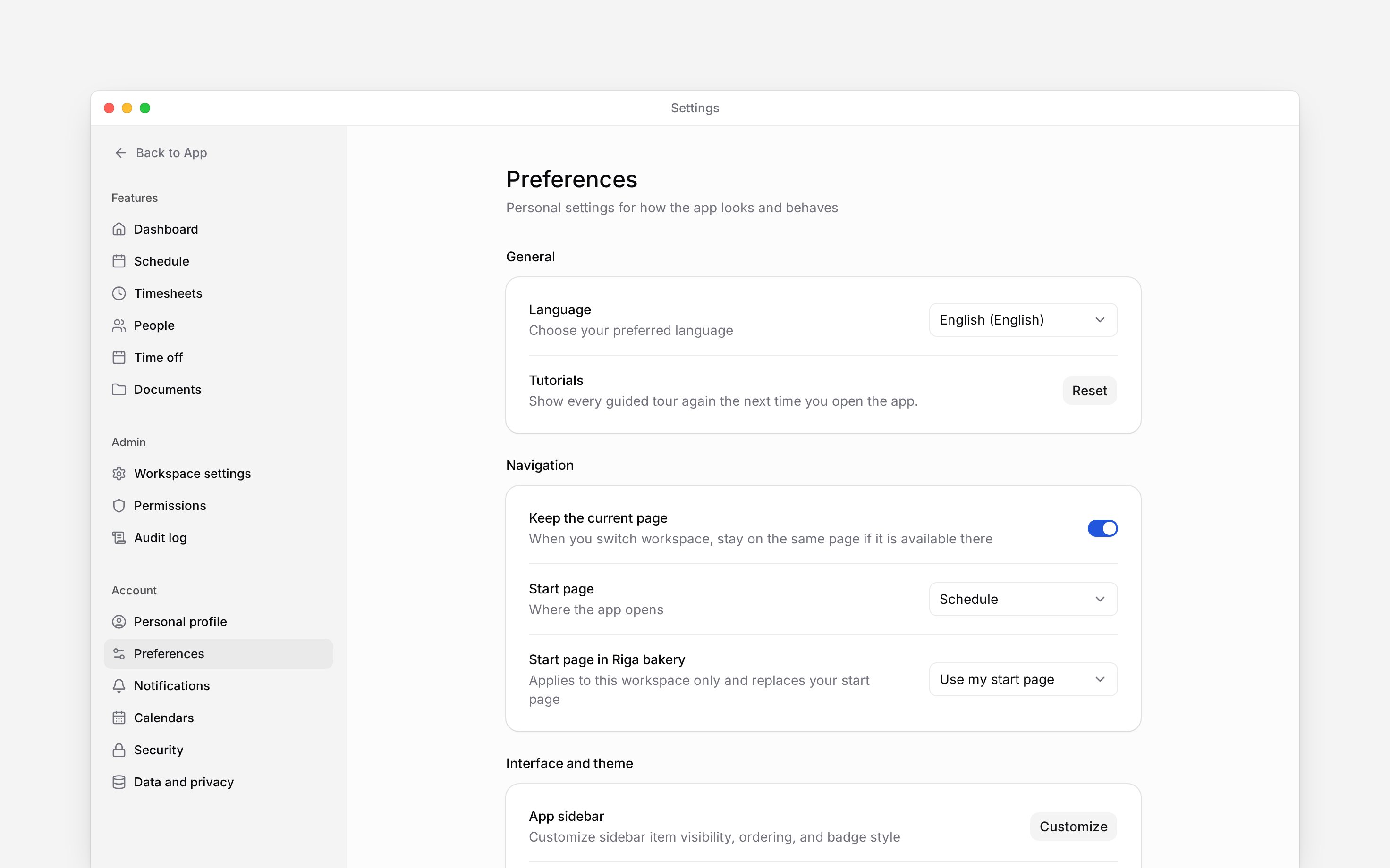 Preferences settings with language, tutorial and start-page controls