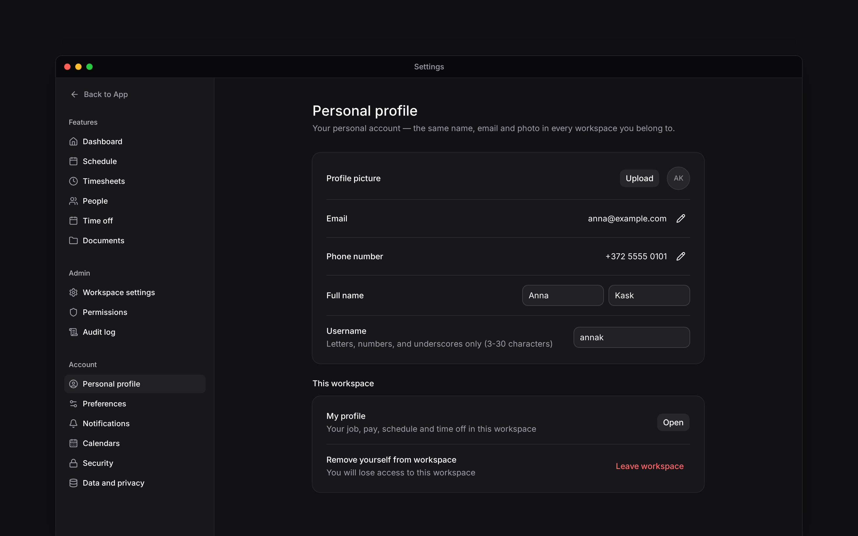 Personal profile settings with account details and workspace access controls