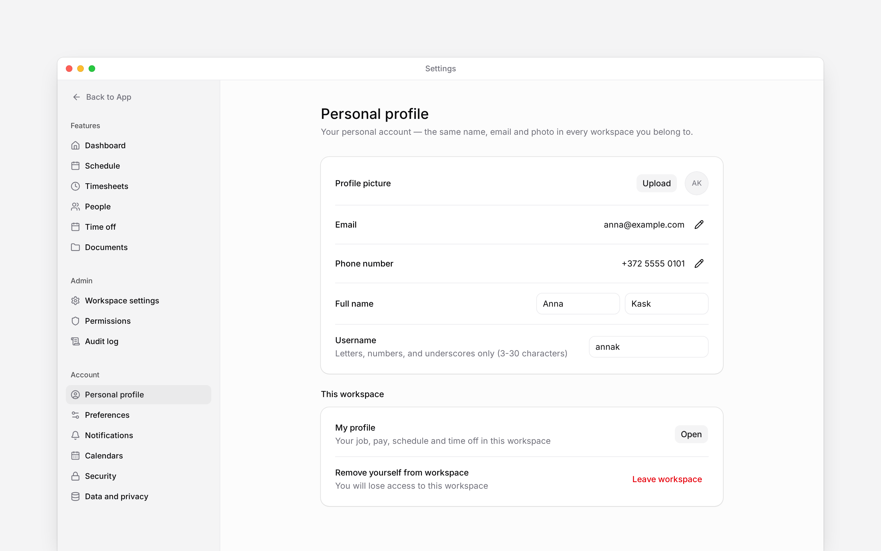 Personal profile settings with account details and workspace access controls