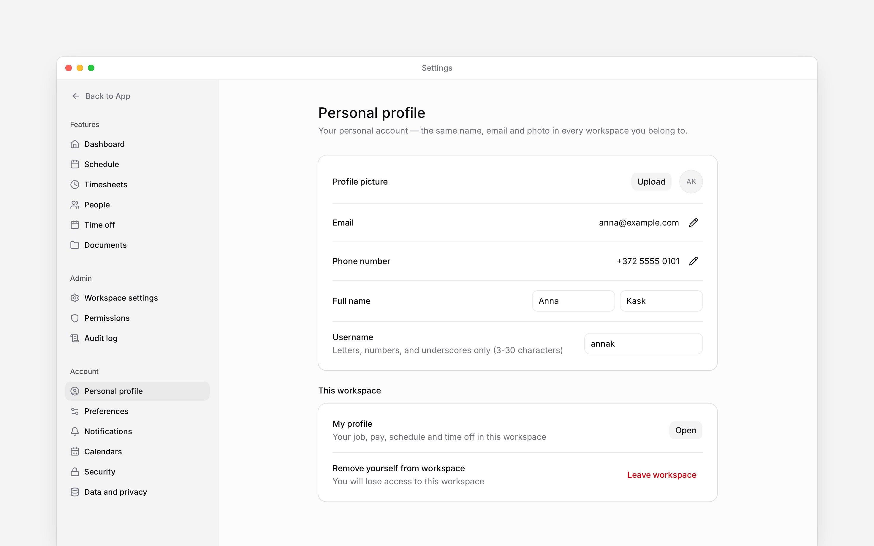 Personal profile settings with account details and workspace access controls