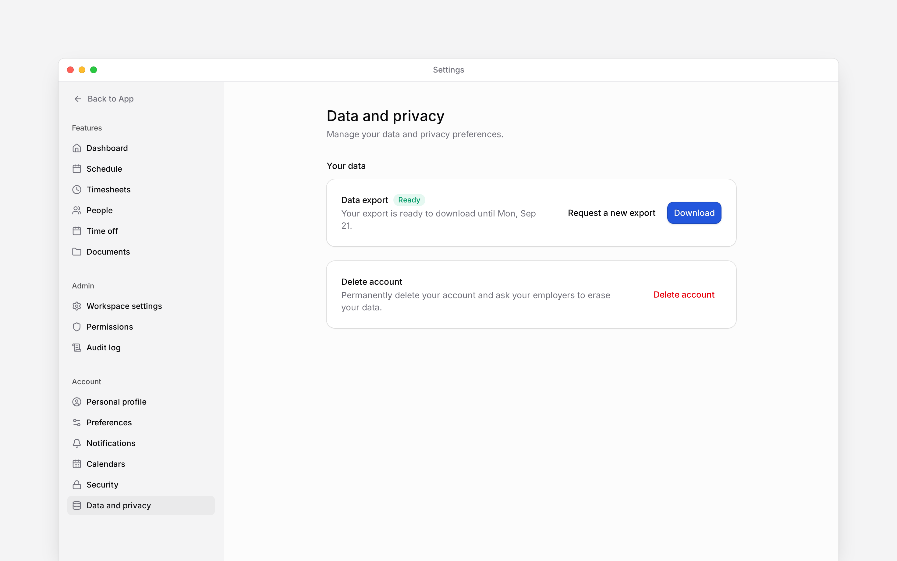 Data and privacy settings with a personal export ready to download