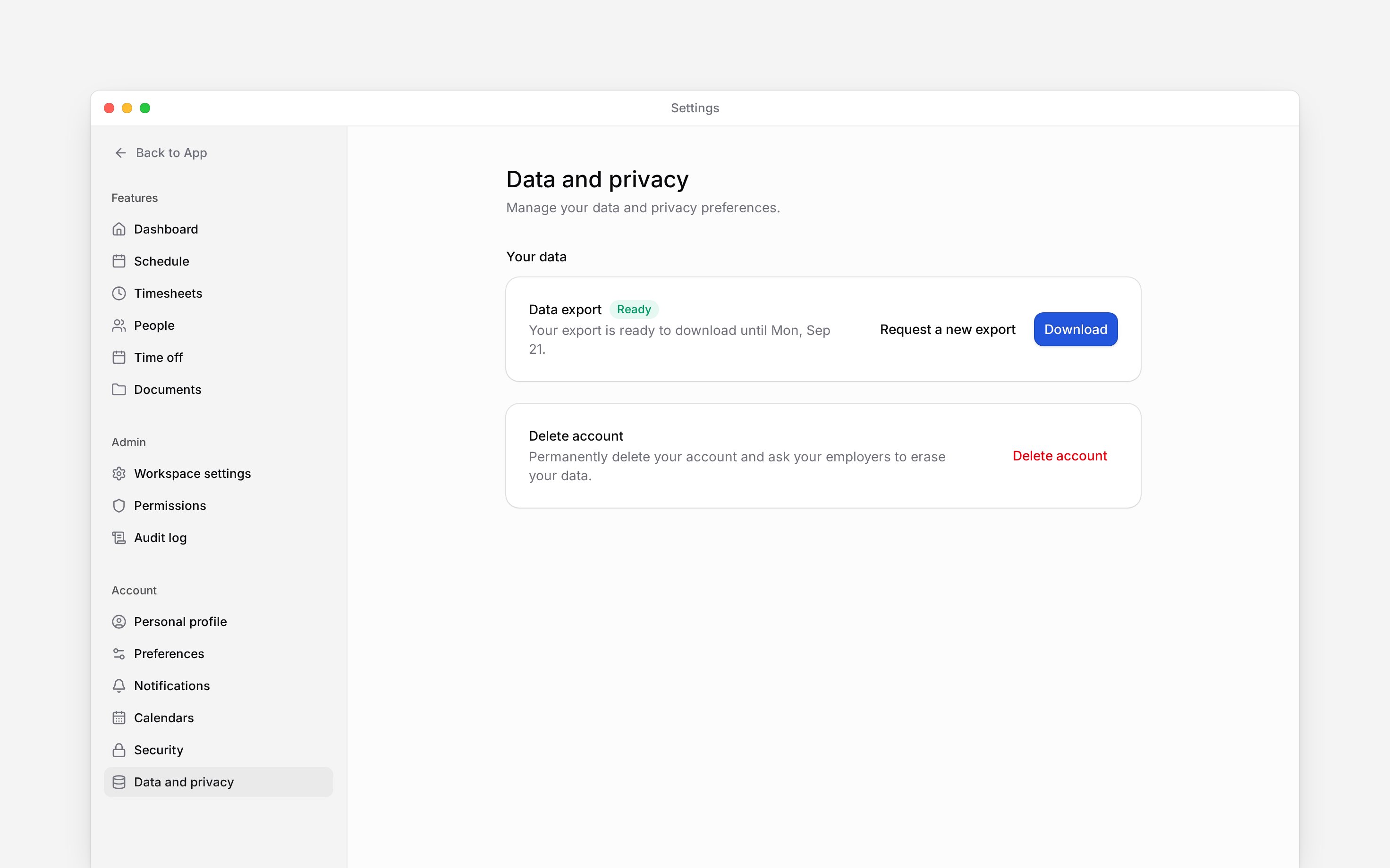 Data and privacy settings with a personal export ready to download