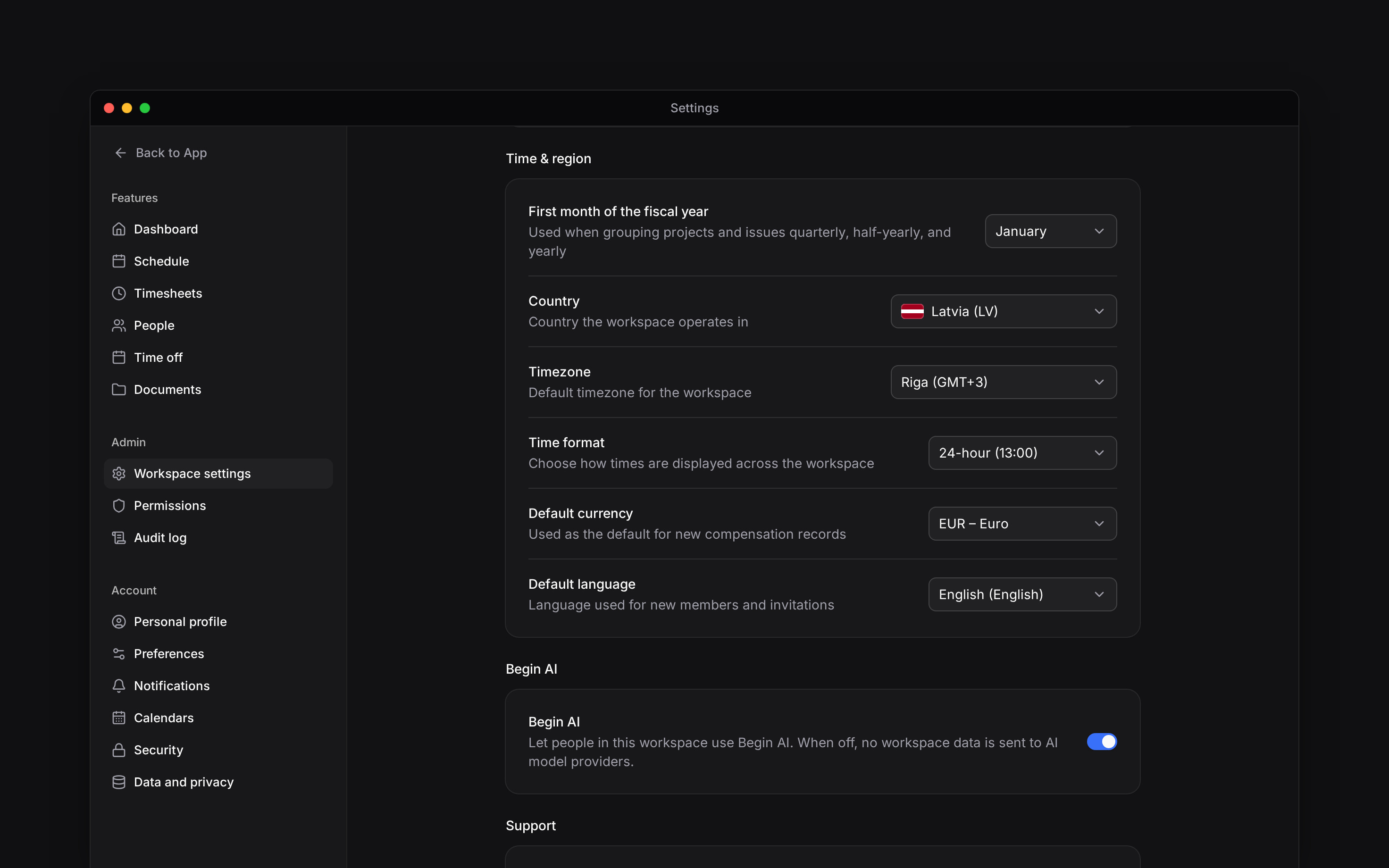 The real Time and region group with country, timezone, time format, currency, and language rows