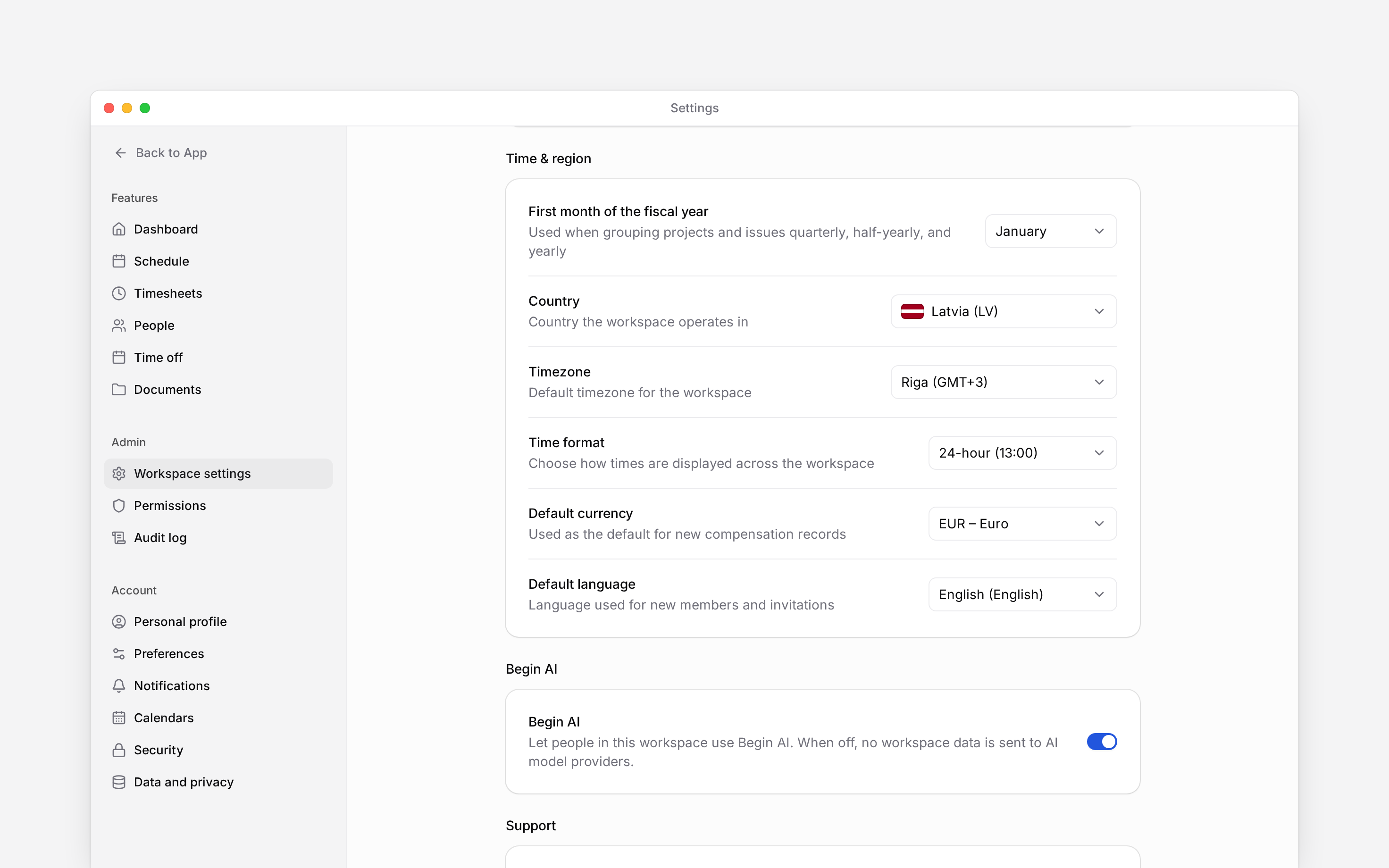 The real Time and region group with country, timezone, time format, currency, and language rows
