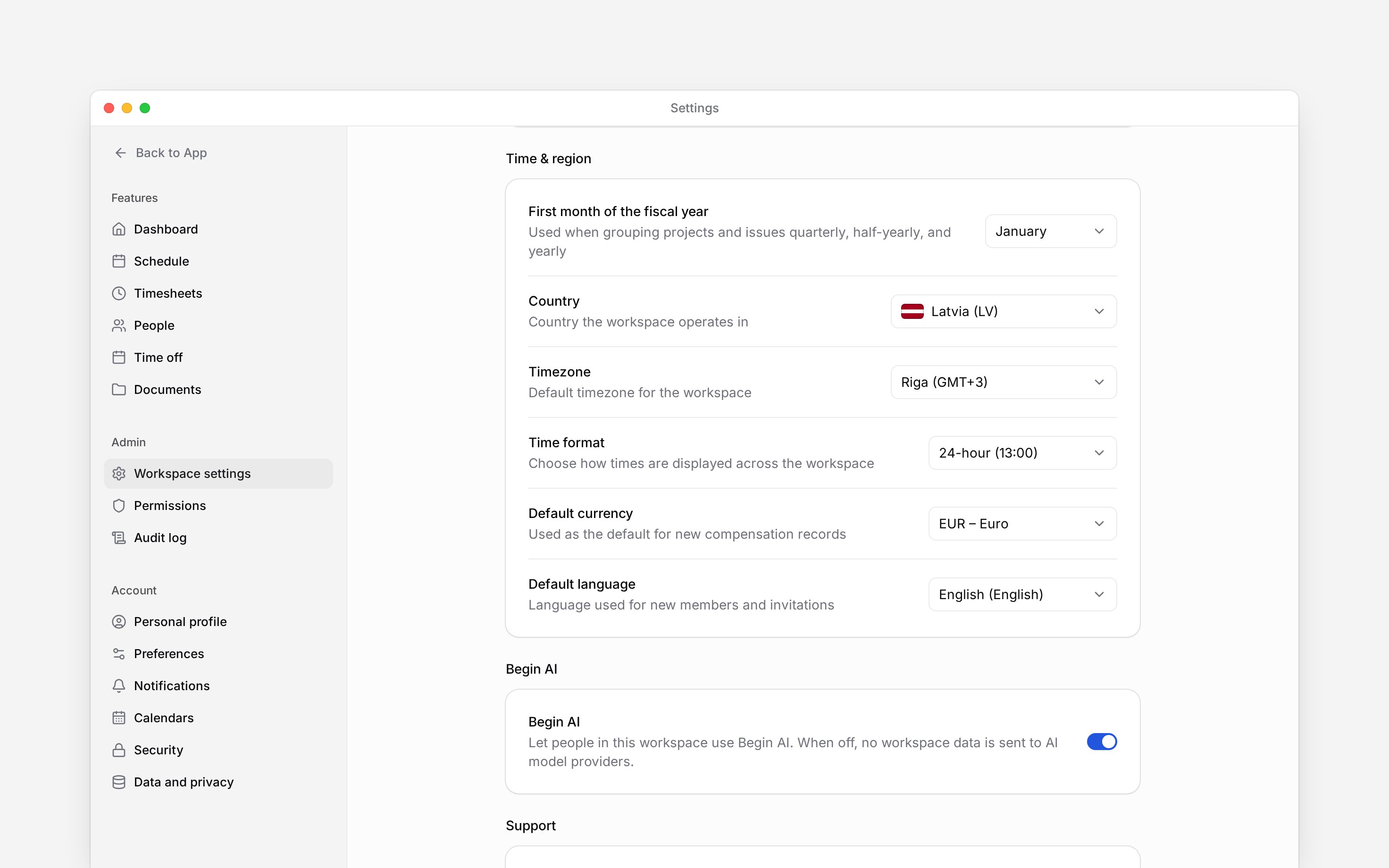 The real Time and region group with country, timezone, time format, currency, and language rows