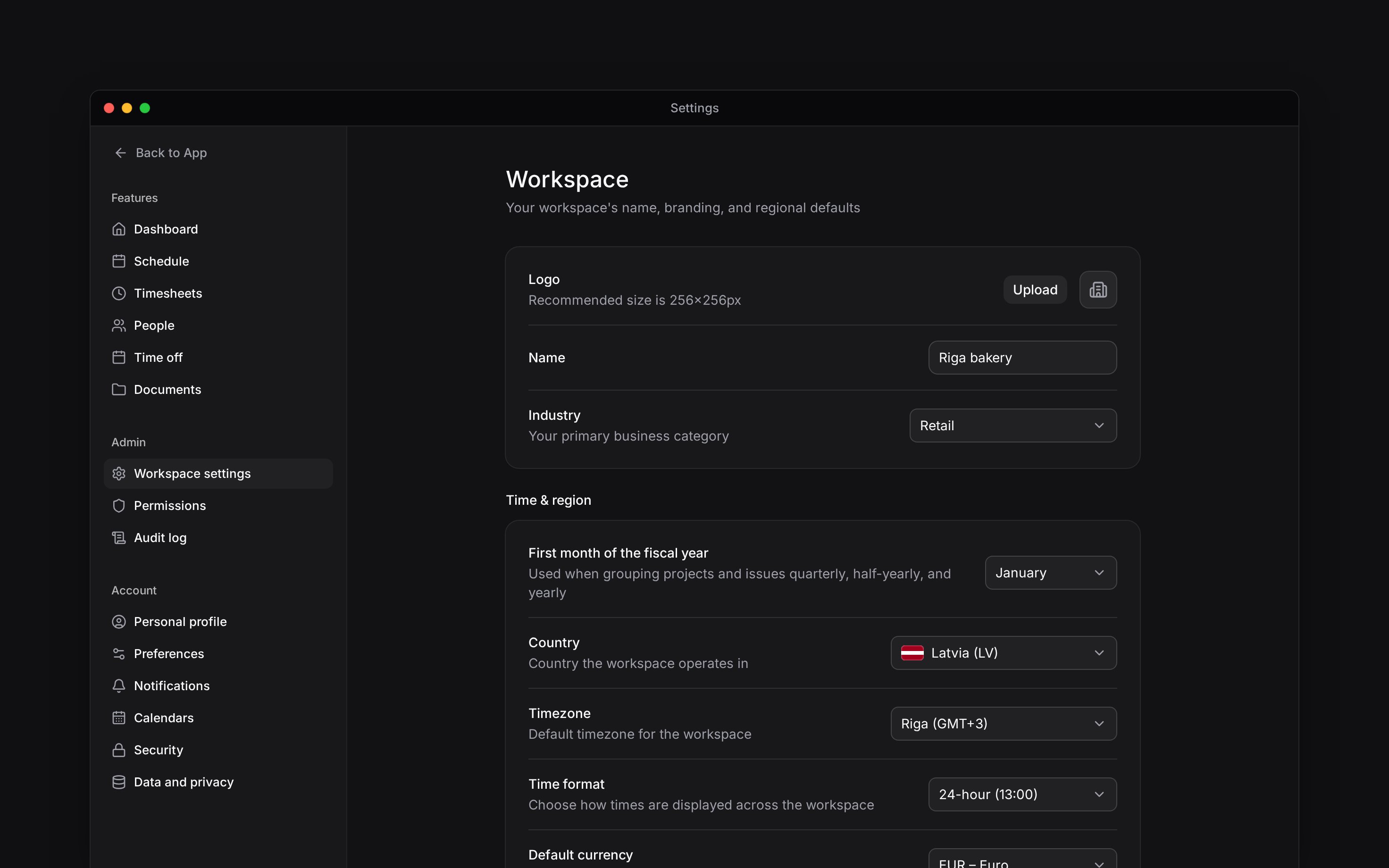 The real Workspace settings page showing logo, name, and industry controls