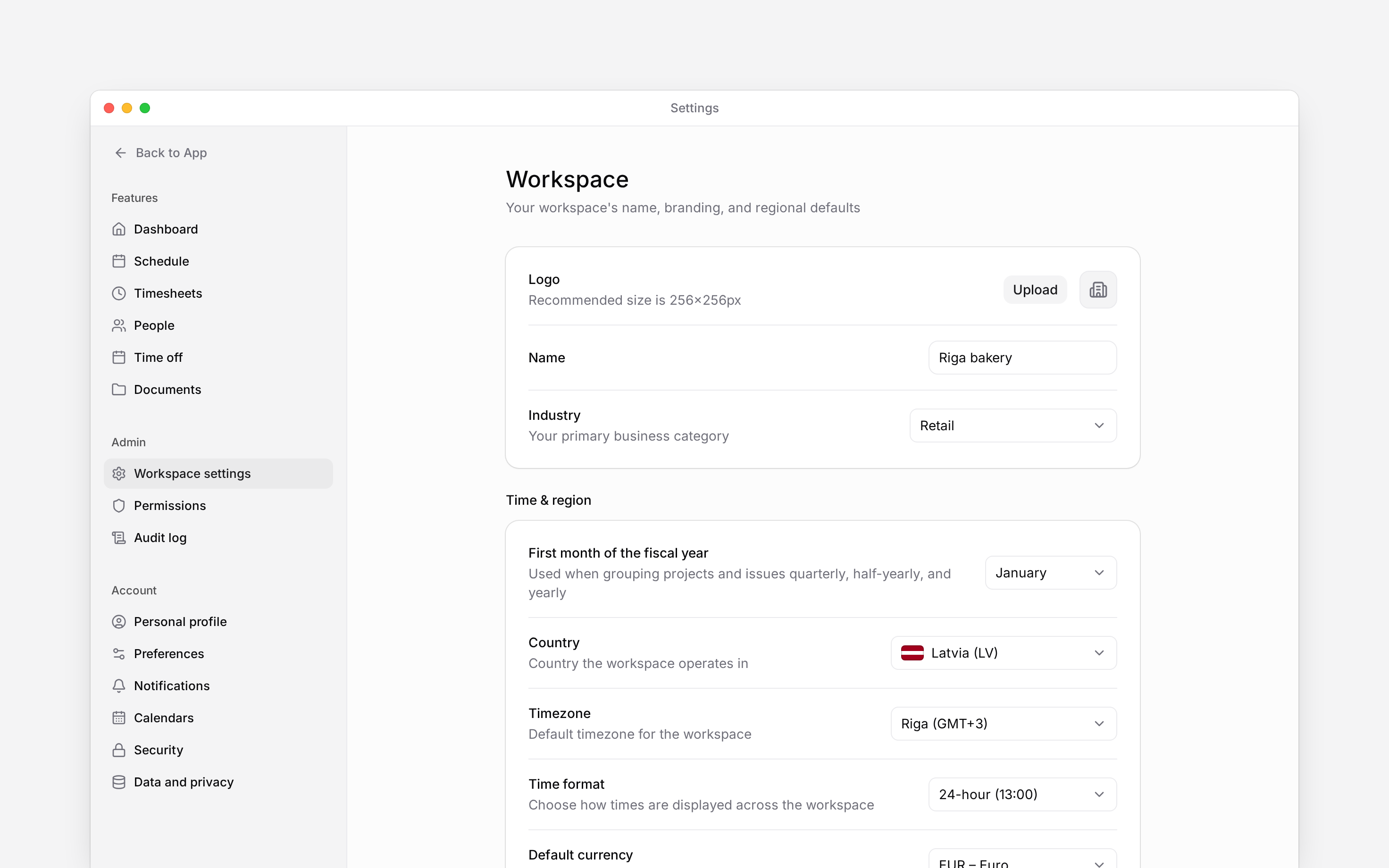 The real Workspace settings page showing logo, name, and industry controls