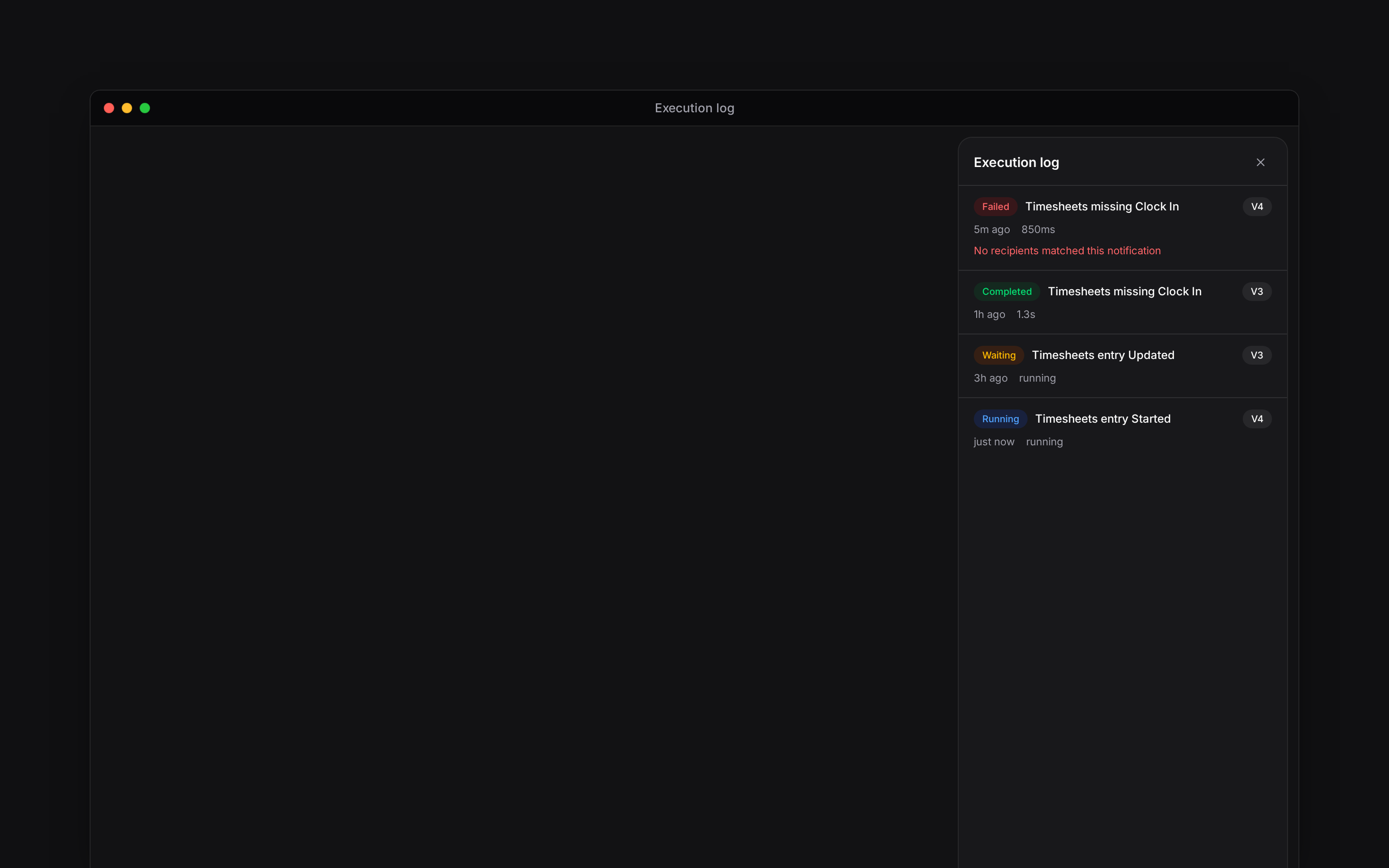 The Execution log panel with completed, running, waiting and failed workflow runs