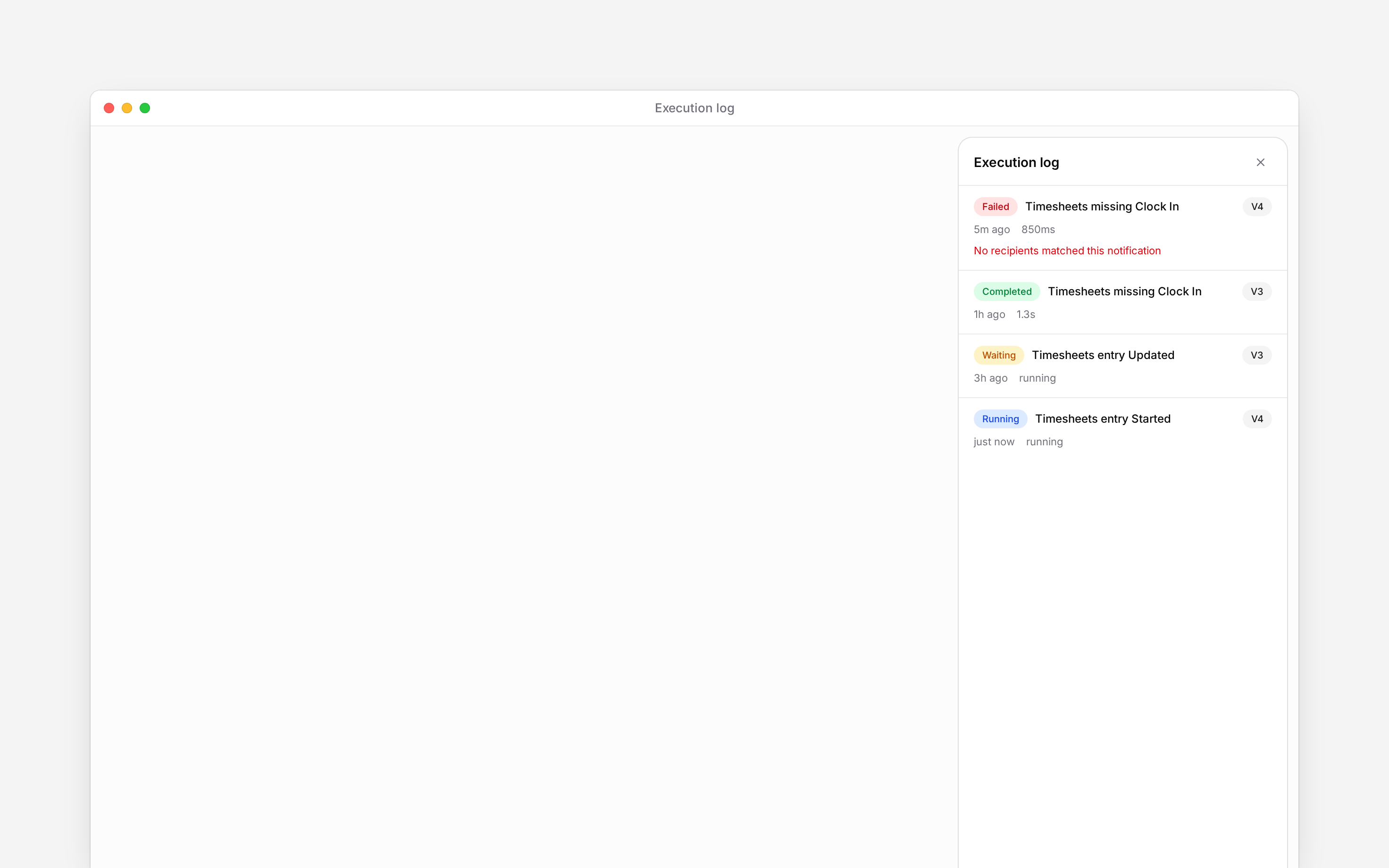 The Execution log panel with completed, running, waiting and failed workflow runs