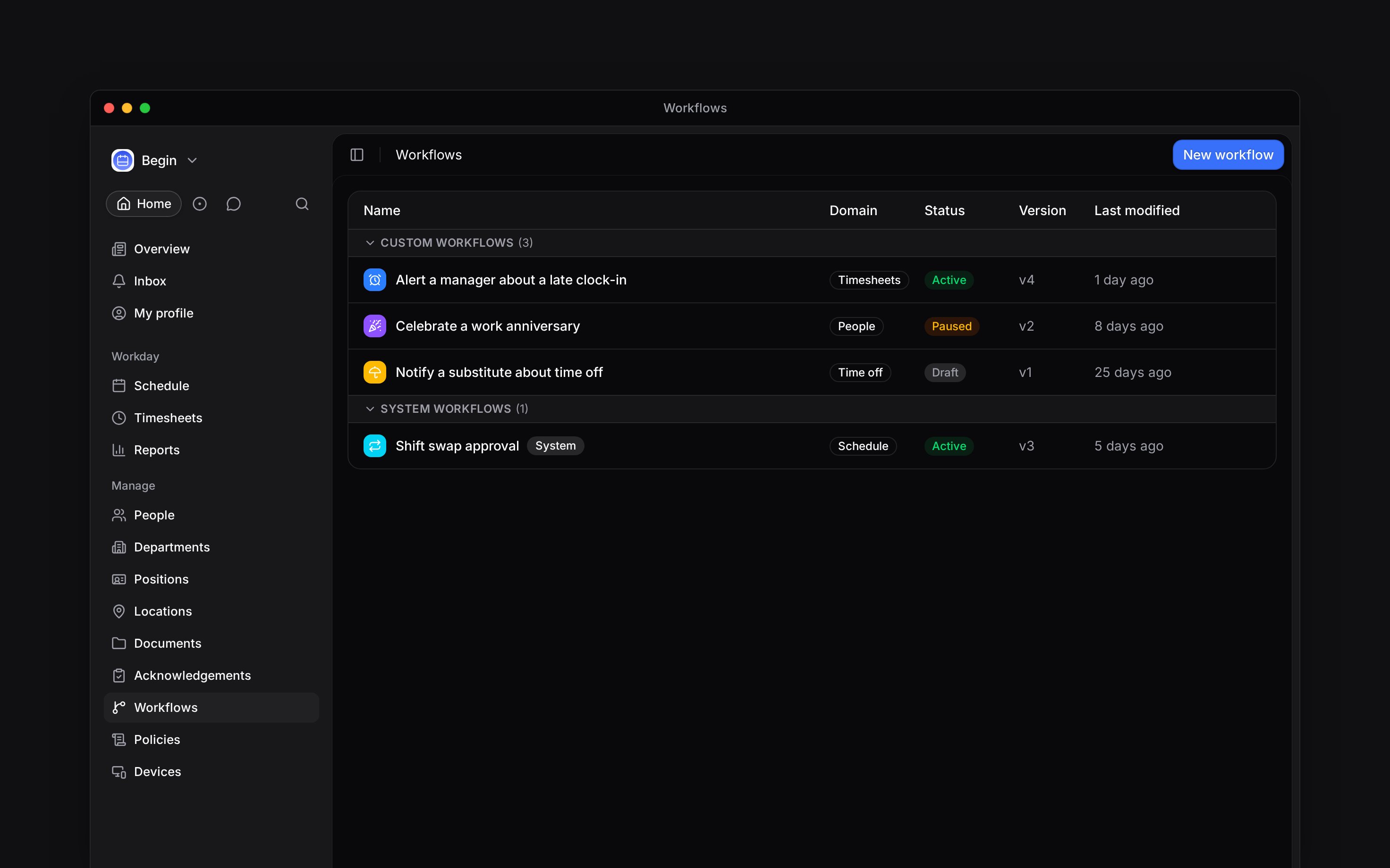 The Workflows page with custom and system workflows grouped by name, domain, status and version